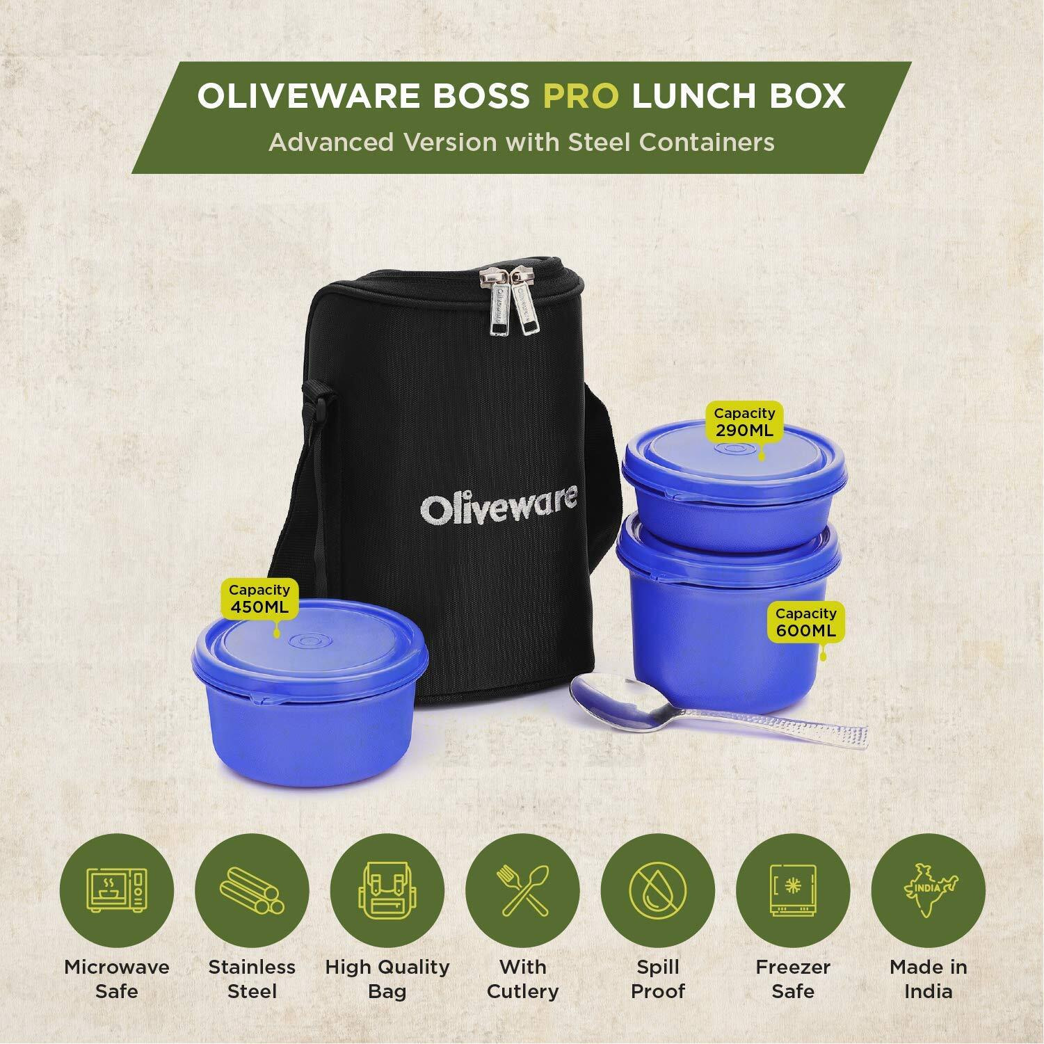 SOPL-OLIVEWARE Oliveware Boss Pro Lunch Box With Steel Spoon, Microwave Safe & Leak Proof, 3 Inner Steel Containers With Bpa Free Airtight Lids (290Ml, 450Ml, & 600Ml), Fabric Bag (Blue)