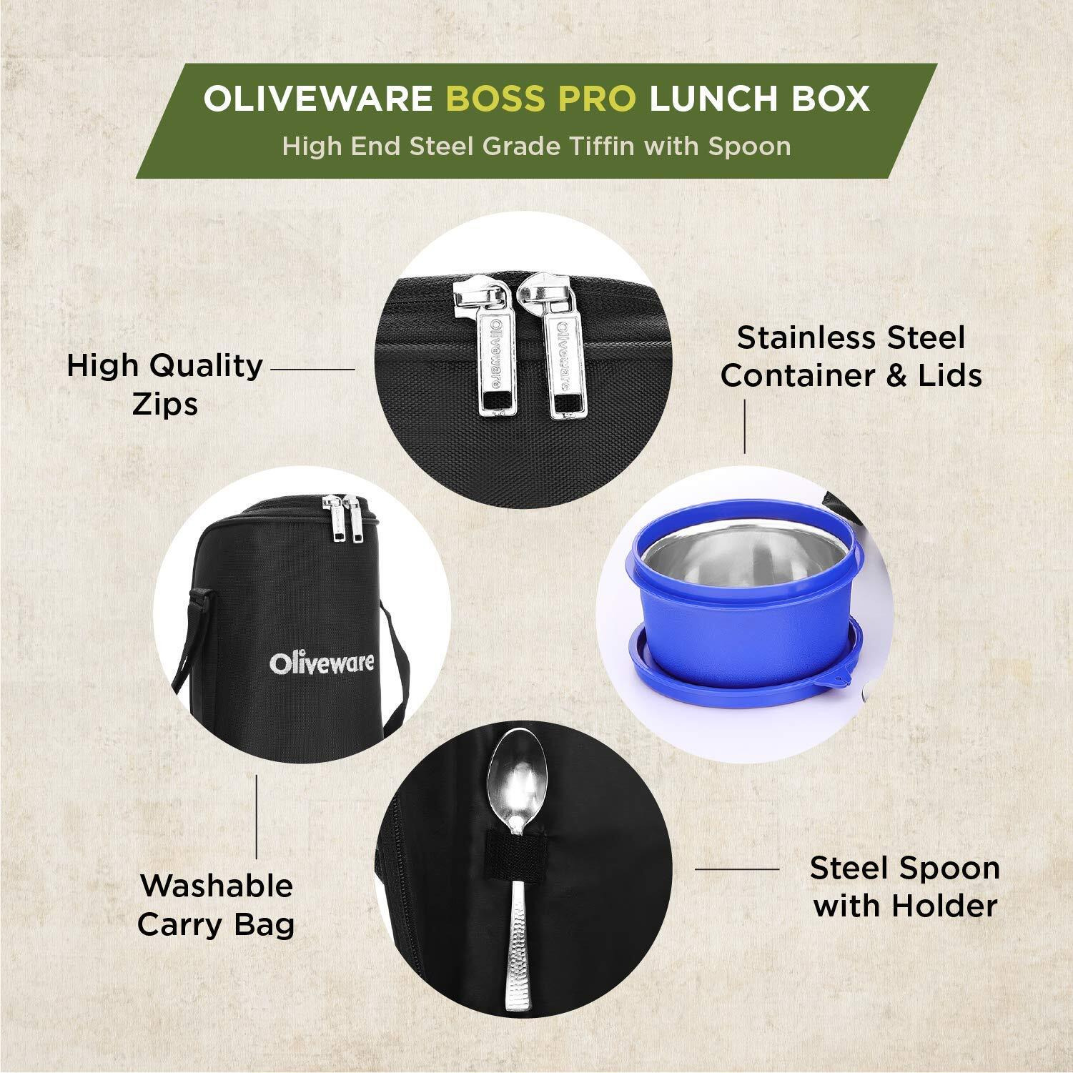 SOPL-OLIVEWARE Oliveware Boss Pro Lunch Box With Steel Spoon, Microwave Safe & Leak Proof, 3 Inner Steel Containers With Bpa Free Airtight Lids (290Ml, 450Ml, & 600Ml), Fabric Bag (Blue)