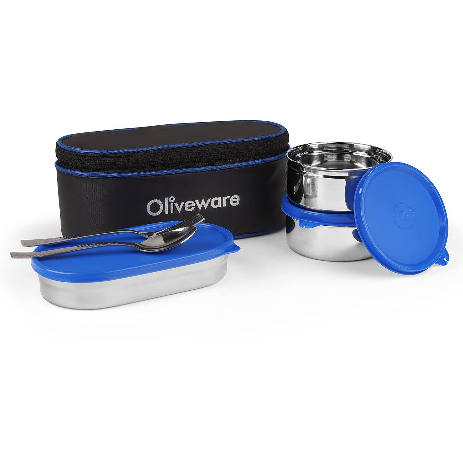 Oliveware Sophia Lunch Box, Spoon & Fork, 100% Leak Proof, 3 Stainless Steel Container with BPA Free Lids (550ml, 350ml & 350ml), Fabric Bag - Red