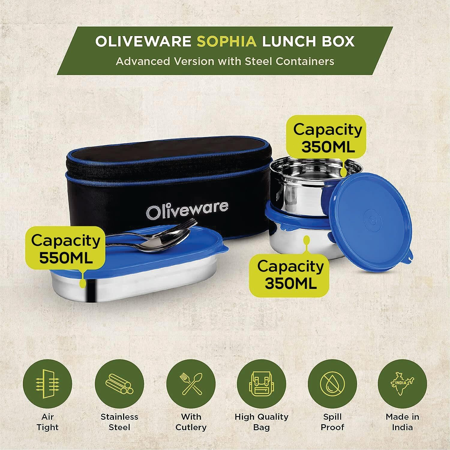 Oliveware Sophia Lunch Box, Spoon & Fork, 100% Leak Proof, 3 Stainless Steel Container with BPA Free Lids (550ml, 350ml & 350ml), Fabric Bag - Red