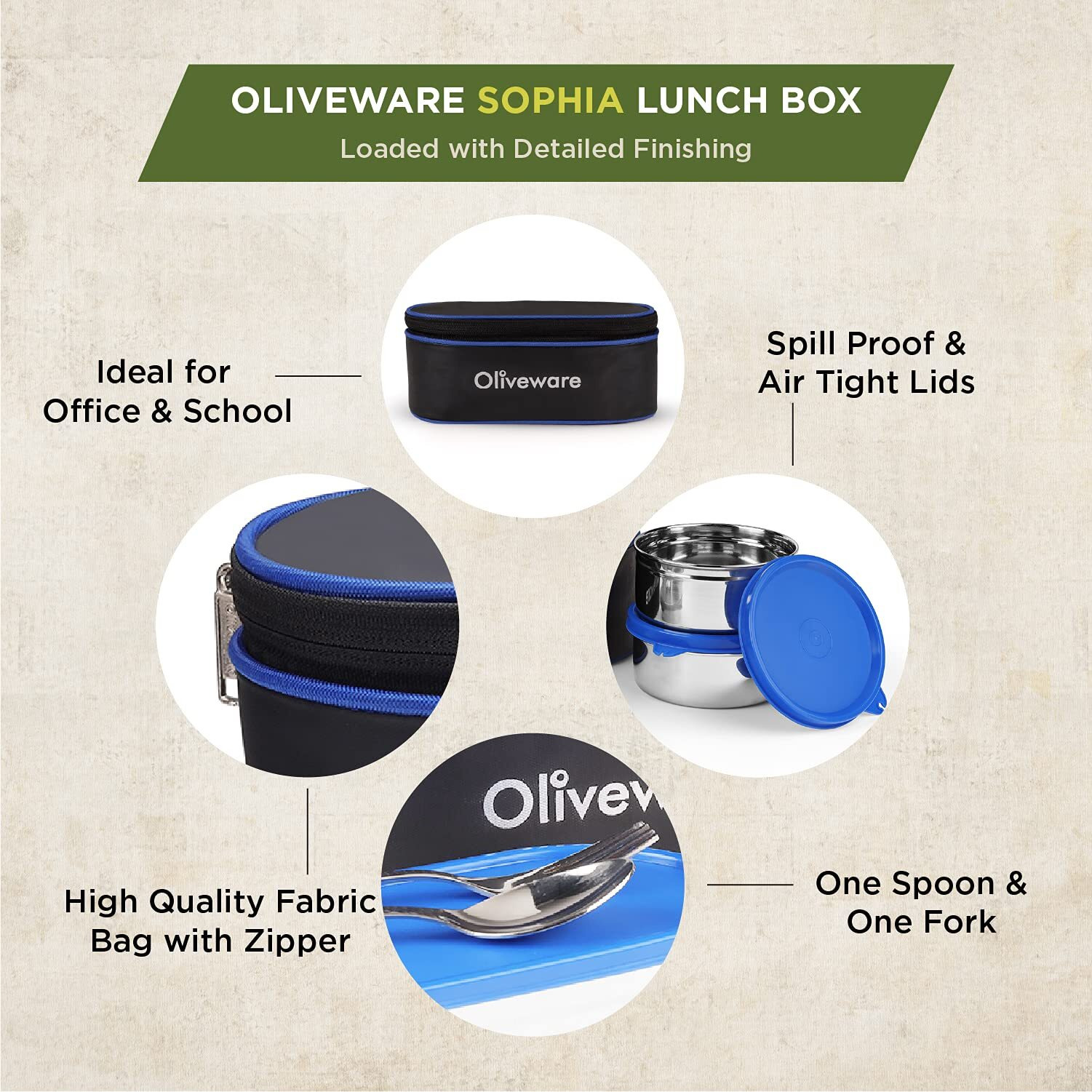 Oliveware Sophia Lunch Box, Spoon & Fork, 100% Leak Proof, 3 Stainless Steel Container with BPA Free Lids (550ml, 350ml & 350ml), Fabric Bag - Red