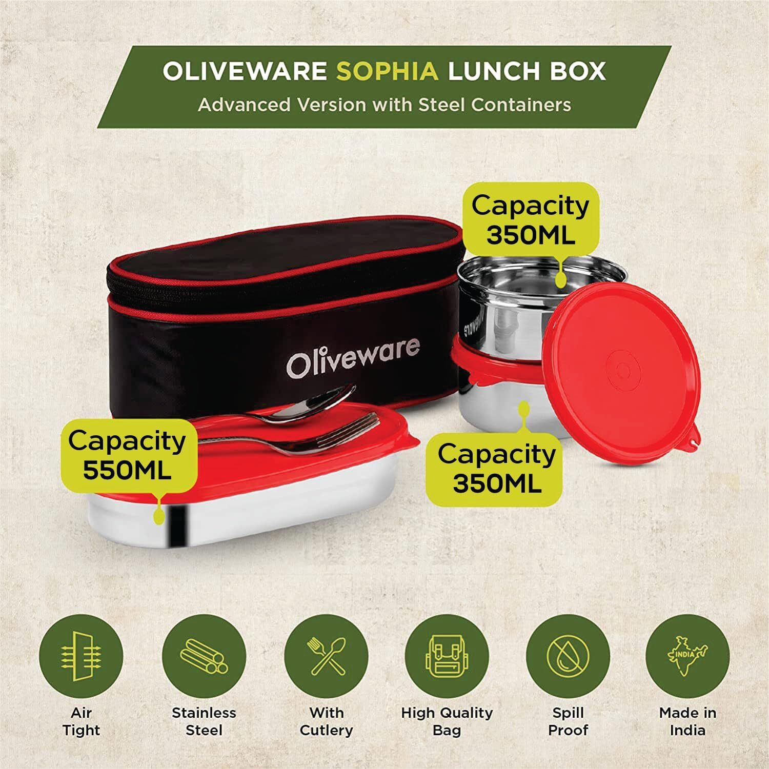 Oliveware Sophia Lunch Box, Spoon & Fork, 100% Leak Proof, 3 Stainless Steel Container with BPA Free Lids (550ml, 350ml & 350ml), Fabric Bag - Red