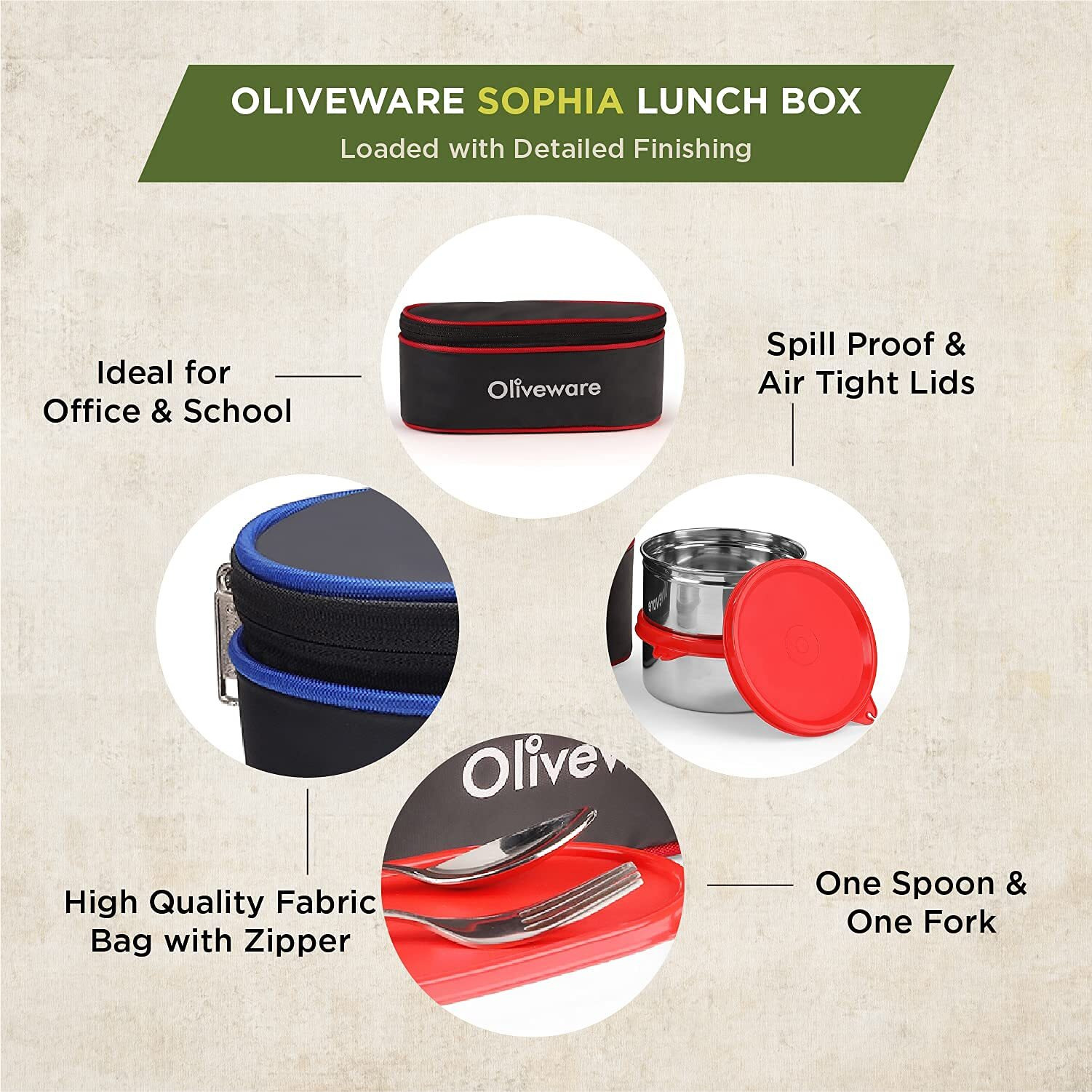 Oliveware Sophia Lunch Box, Spoon & Fork, 100% Leak Proof, 3 Stainless Steel Container with BPA Free Lids (550ml, 350ml & 350ml), Fabric Bag - Red