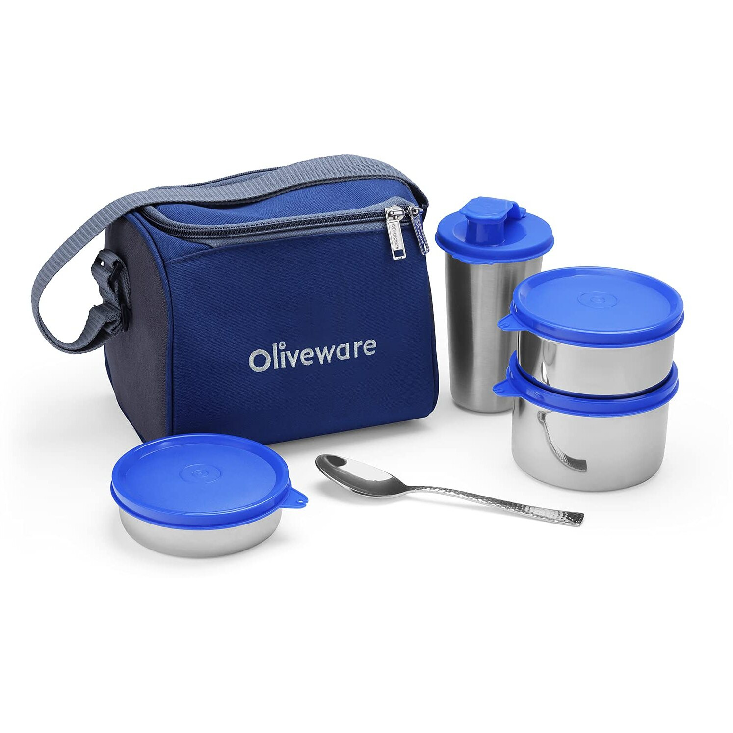 Oliveware Milano Lunch Box, Leak Proof, 3 Stainless Steel Containers with BPA Free Lids (300ml, 450ml, 600ml), Steel Spoon & Tumbler (400ml), Fabric Bag - Blue