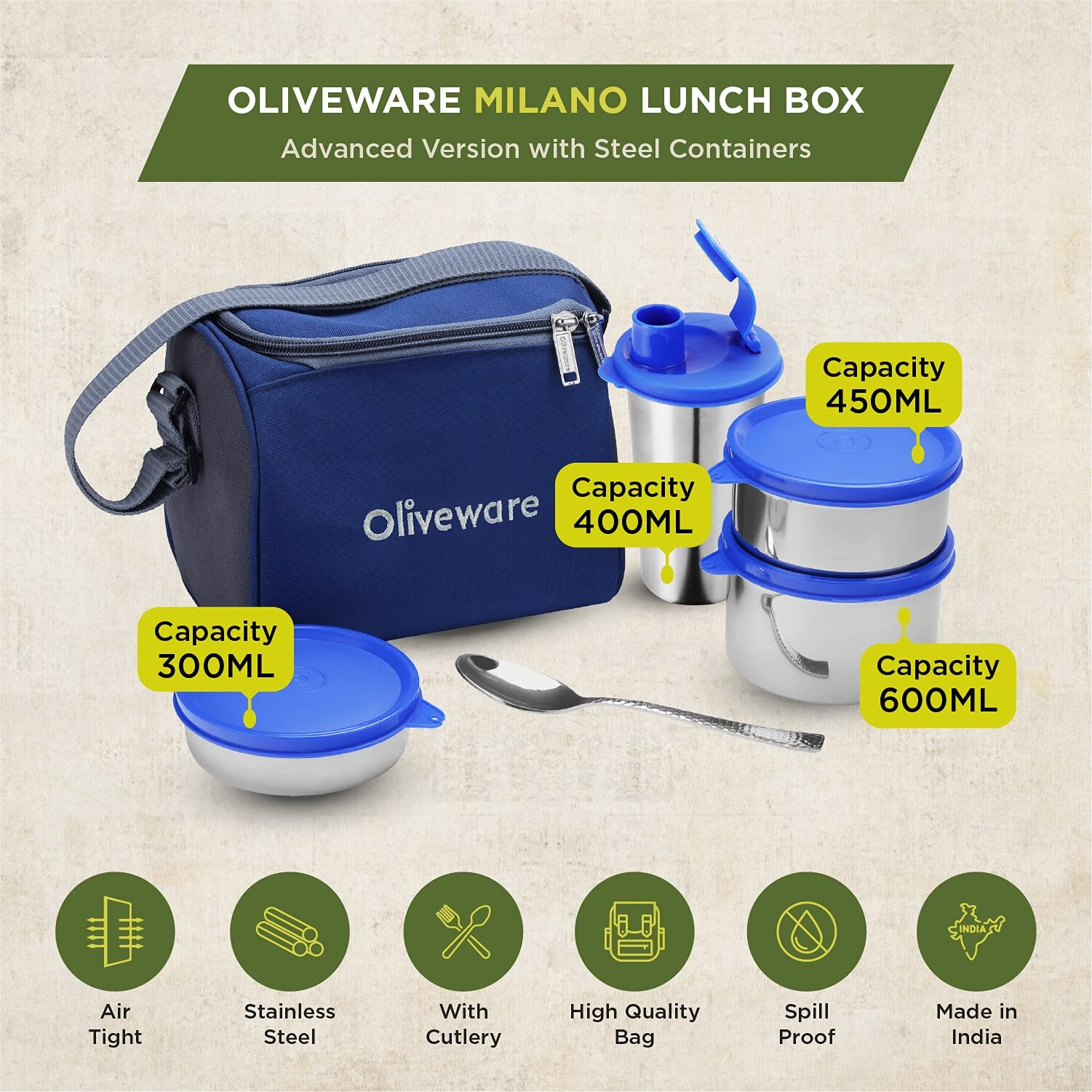 Oliveware Milano Lunch Box, Leak Proof, 3 Stainless Steel Containers with BPA Free Lids (300ml, 450ml, 600ml), Steel Spoon & Tumbler (400ml), Fabric Bag - Blue