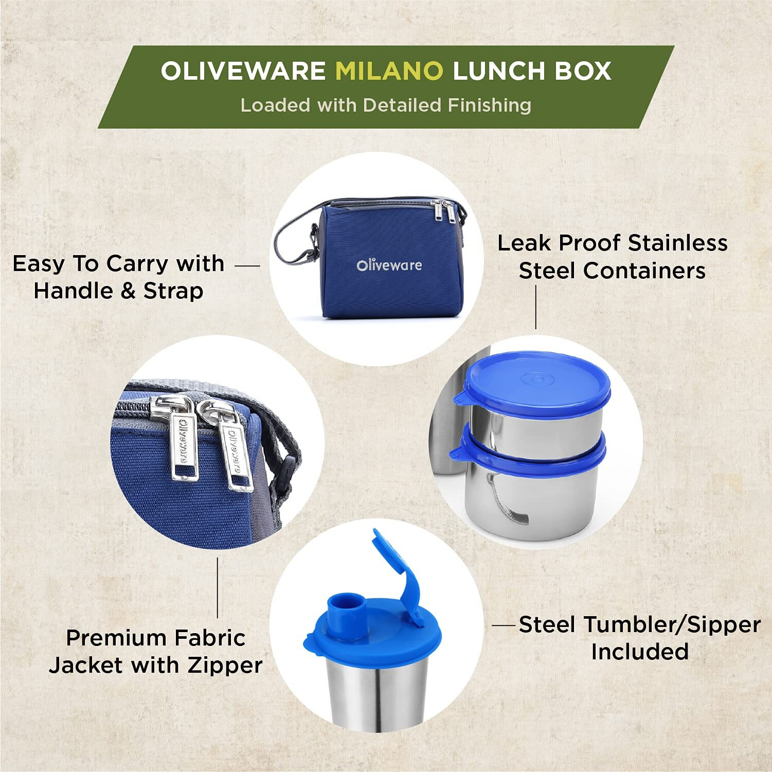 Oliveware Milano Lunch Box, Leak Proof, 3 Stainless Steel Containers with BPA Free Lids (300ml, 450ml, 600ml), Steel Spoon & Tumbler (400ml), Fabric Bag - Blue