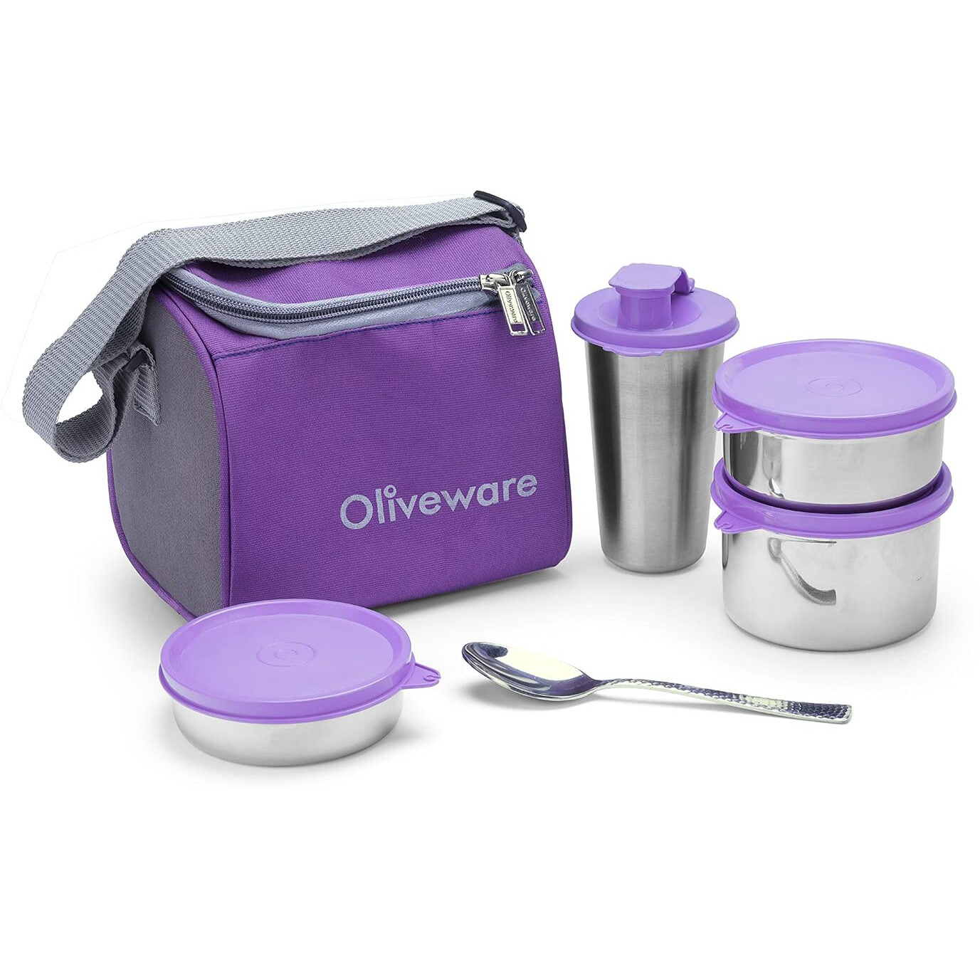 Oliveware Milano Lunch Box, Leak Proof, 3 Stainless Steel Containers with BPA Free Lids (300ml, 450ml, 600ml), Steel Spoon & Tumbler (400ml), Fabric Bag - Violet