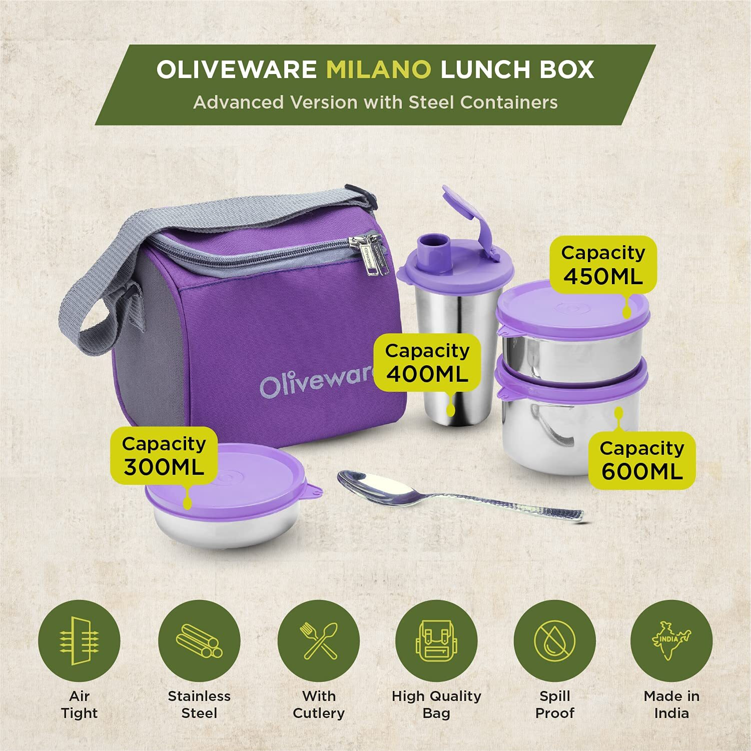 Oliveware Milano Lunch Box, Leak Proof, 3 Stainless Steel Containers with BPA Free Lids (300ml, 450ml, 600ml), Steel Spoon & Tumbler (400ml), Fabric Bag - Violet