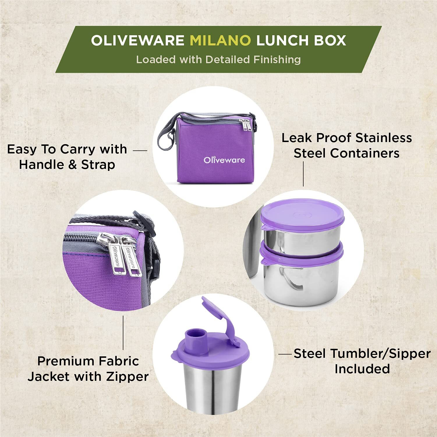 Oliveware Milano Lunch Box, Leak Proof, 3 Stainless Steel Containers with BPA Free Lids (300ml, 450ml, 600ml), Steel Spoon & Tumbler (400ml), Fabric Bag - Violet