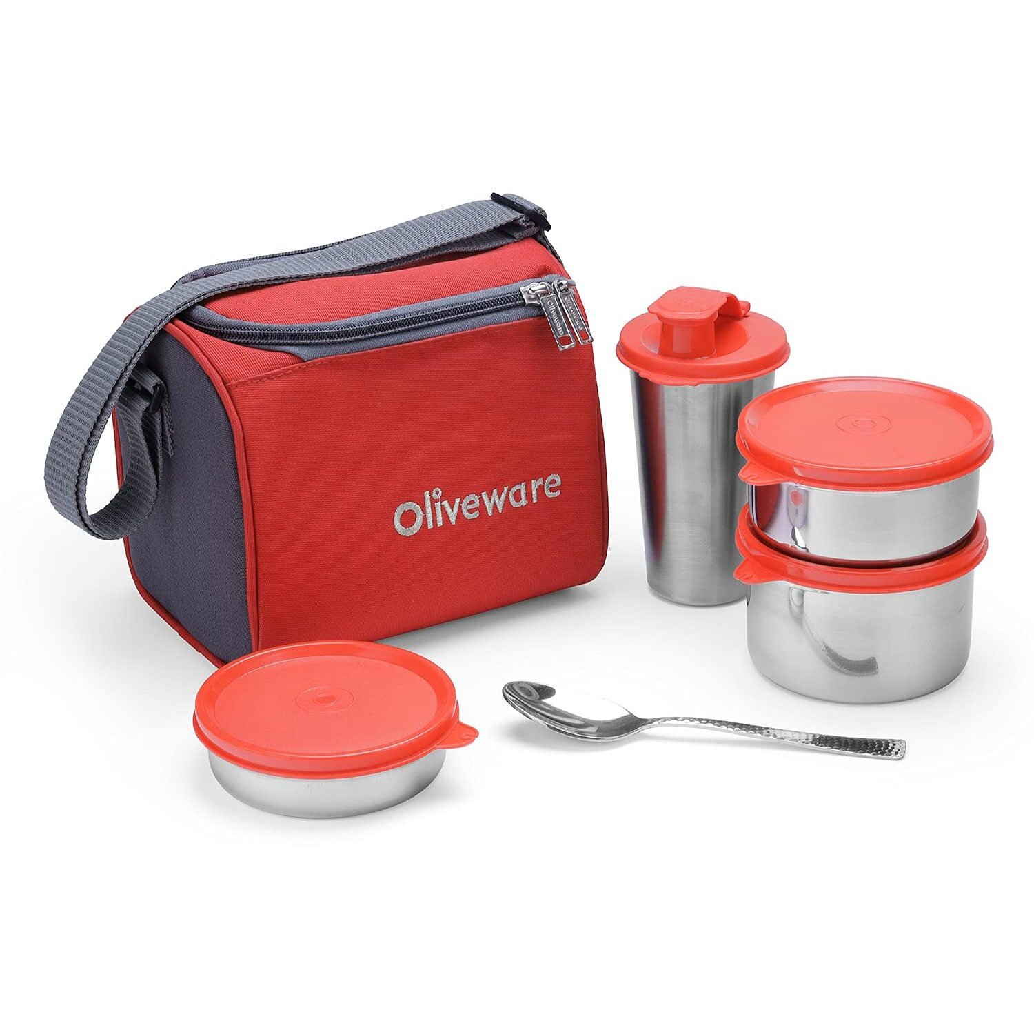 Oliveware Milano Lunch Box, Leak Proof, 3 Stainless Steel Containers with BPA Free Lids (300ml, 450ml, 600ml), Steel Spoon & Tumbler (400ml), Fabric Bag - Red