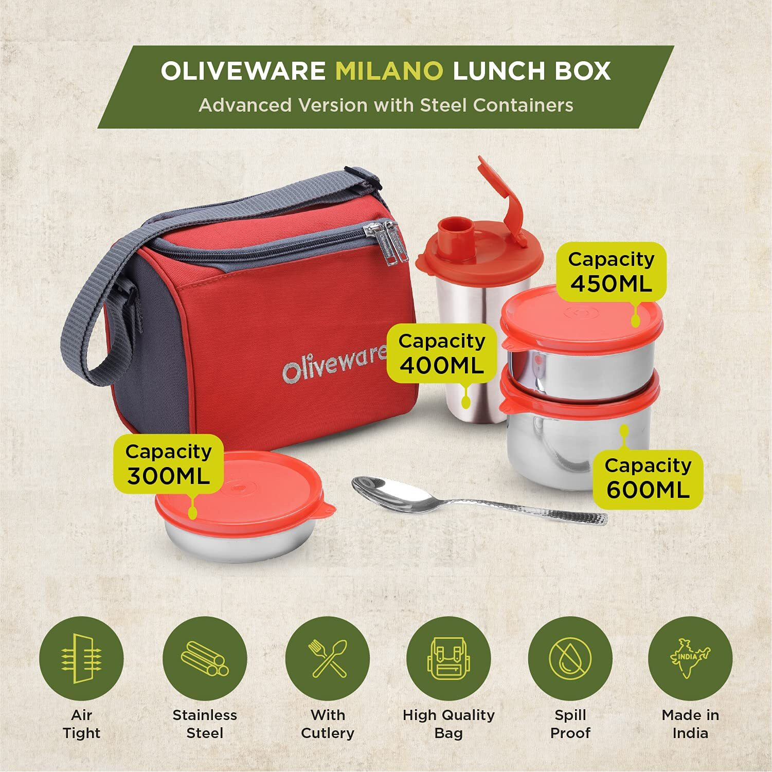 Oliveware Milano Lunch Box, Leak Proof, 3 Stainless Steel Containers with BPA Free Lids (300ml, 450ml, 600ml), Steel Spoon & Tumbler (400ml), Fabric Bag - Red