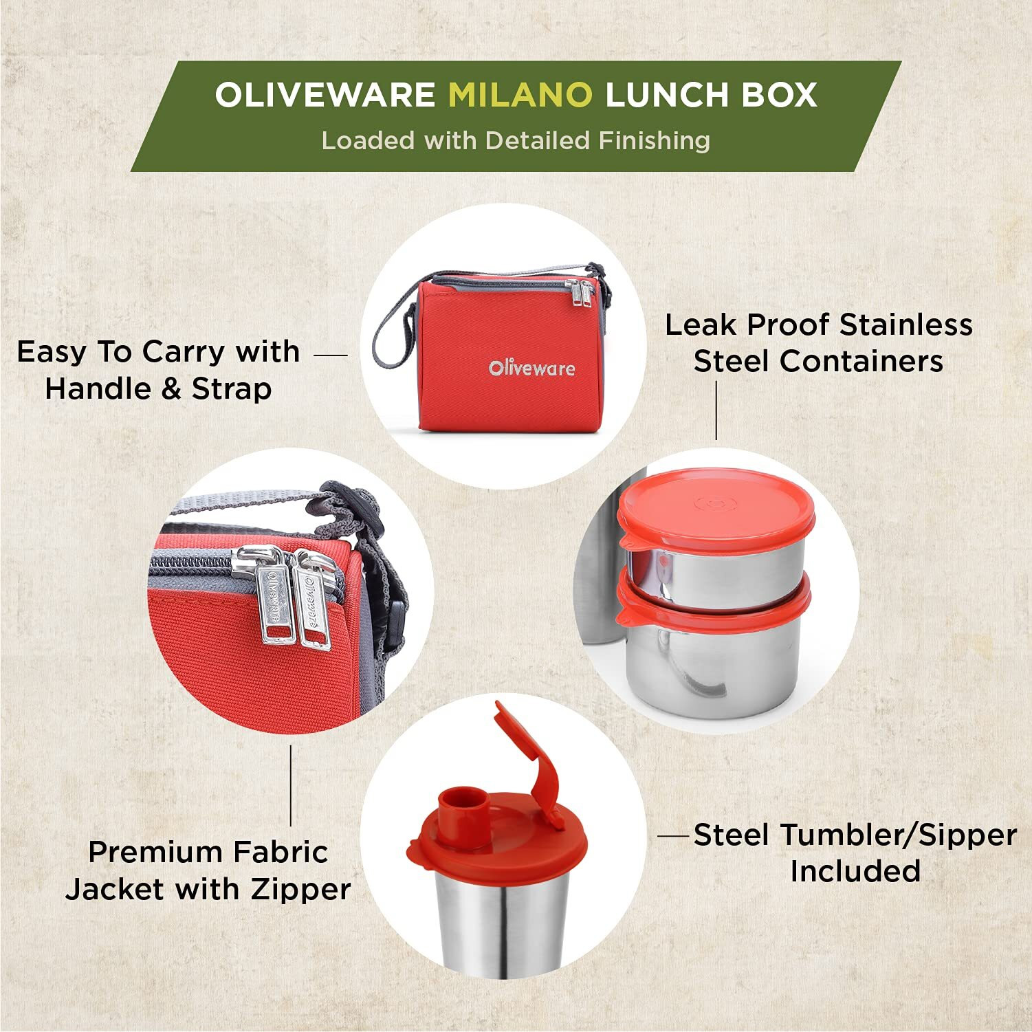 Oliveware Milano Lunch Box, Leak Proof, 3 Stainless Steel Containers with BPA Free Lids (300ml, 450ml, 600ml), Steel Spoon & Tumbler (400ml), Fabric Bag - Red