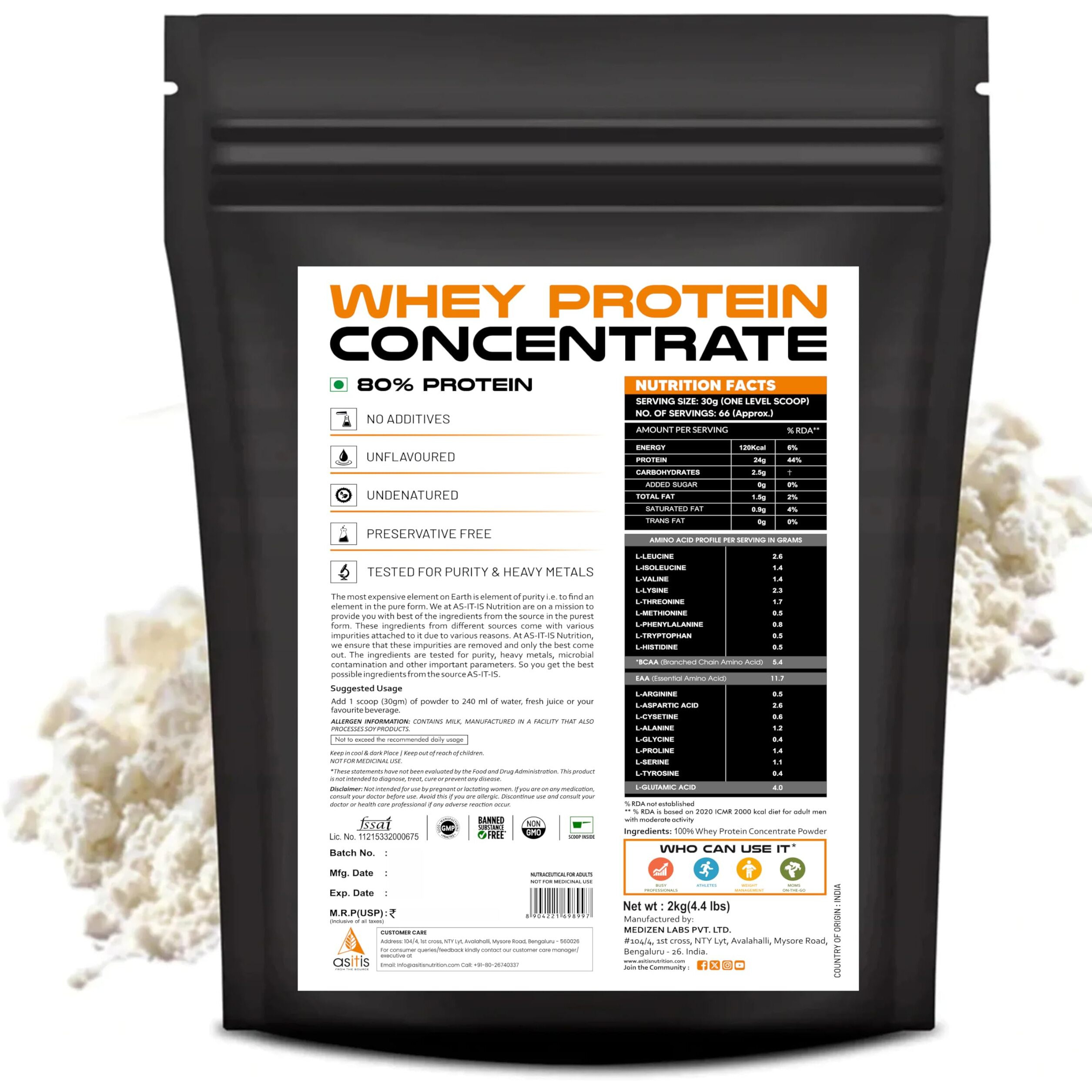 AS-IT-IS Nutrition Whey Protein Concentrate 80% - 2kg | Unflavoured | Tested for purity | Labdoor certified