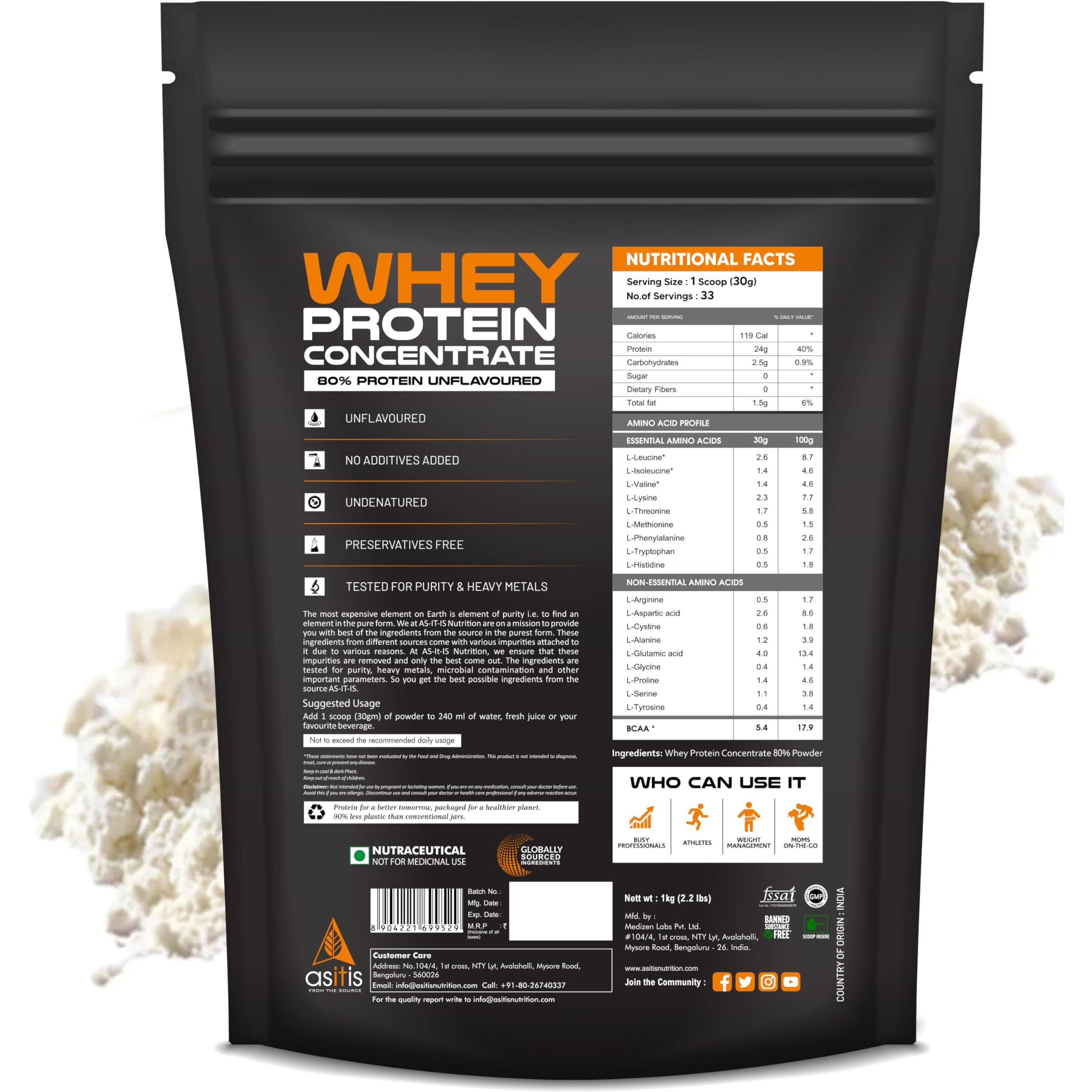 AS-IT-IS Nutrition Whey Protein Concentrate 80% - 1kg | Unflavoured | tested for purity | Labdoor certified