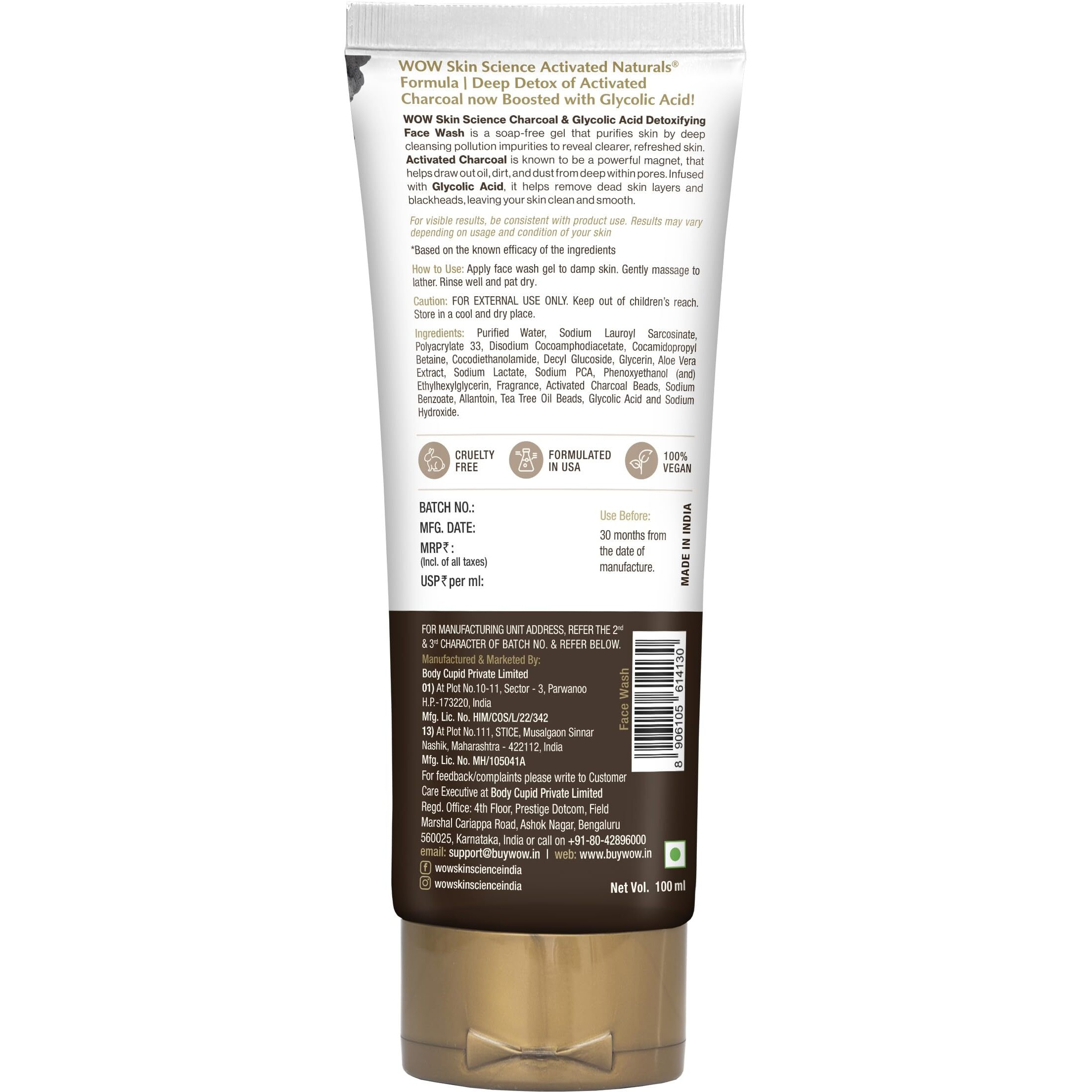 WOW Skin Science Wow Activated Charcoal Infused With Activated Charcoal Beads No Parabens & Sulphate Face Wash (100Ml)
