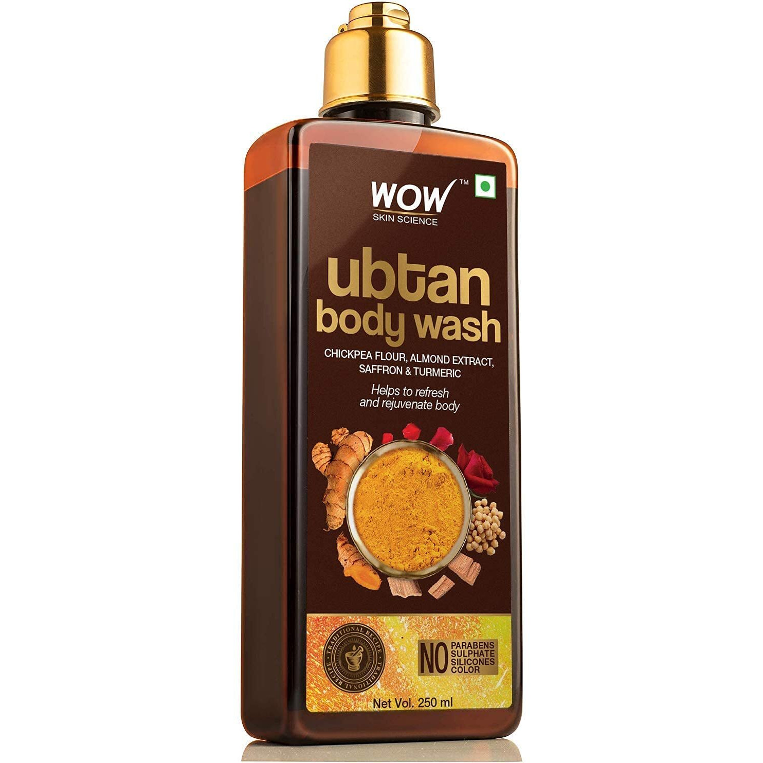 WOW Skin Science Ubtan Body Wash with Chickpea Flour, Almond Extract, Safron & Turmeric Extracts - Natural De Tan - No Sulphate, Parabens, Silicones & Color - 250 mL