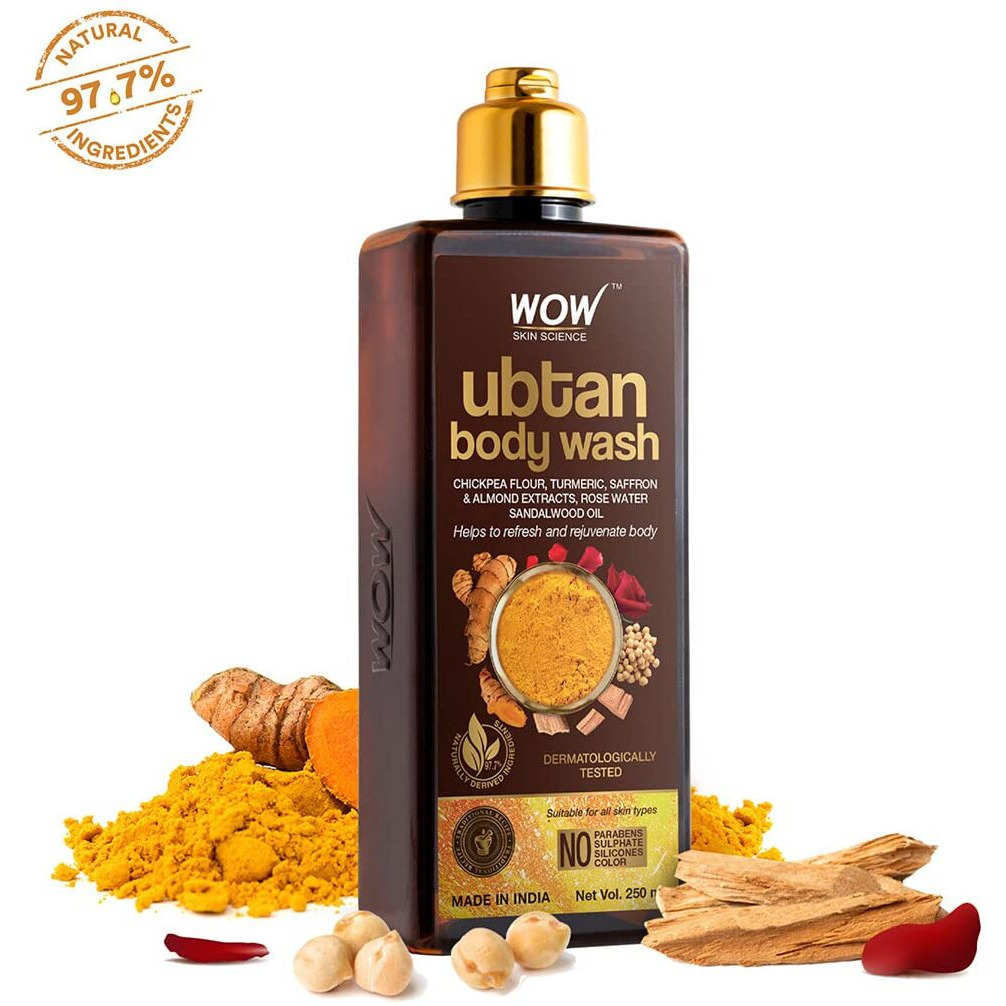 WOW Skin Science Ubtan Body Wash with Chickpea Flour, Almond Extract, Safron & Turmeric Extracts - Natural De Tan - No Sulphate, Parabens, Silicones & Color - 250 mL