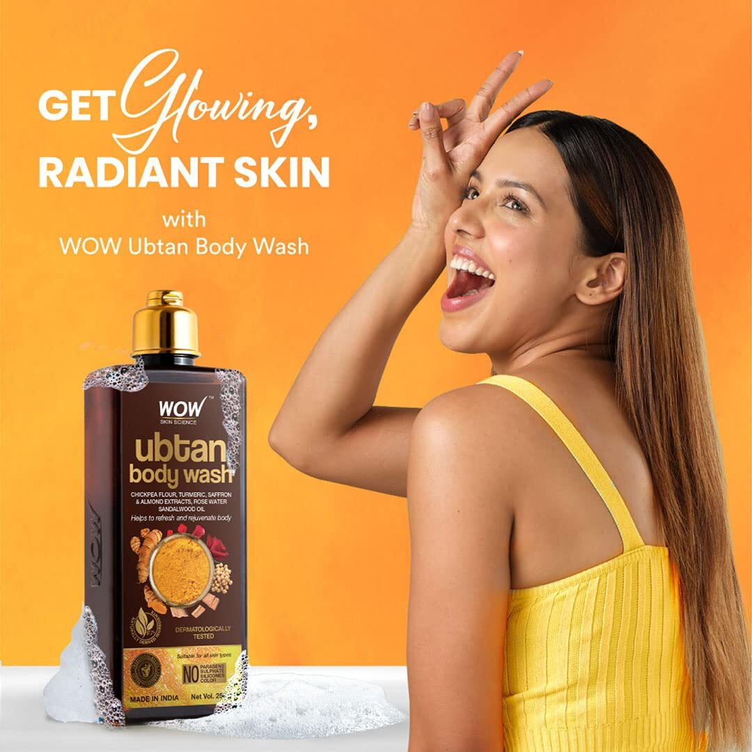 WOW Skin Science Ubtan Body Wash with Chickpea Flour, Almond Extract, Safron & Turmeric Extracts - Natural De Tan - No Sulphate, Parabens, Silicones & Color - 250 mL