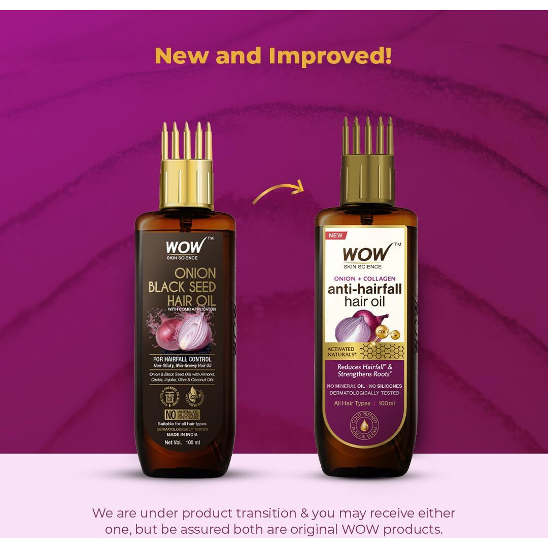 WOW Skin Science Onion Black Seed Hair Oil - WITH COMB APPLICATOR - Controls Hair Fall - NO Mineral Oil, Silicones, Cooking Oil & Synthetic Fragrance - 100mL