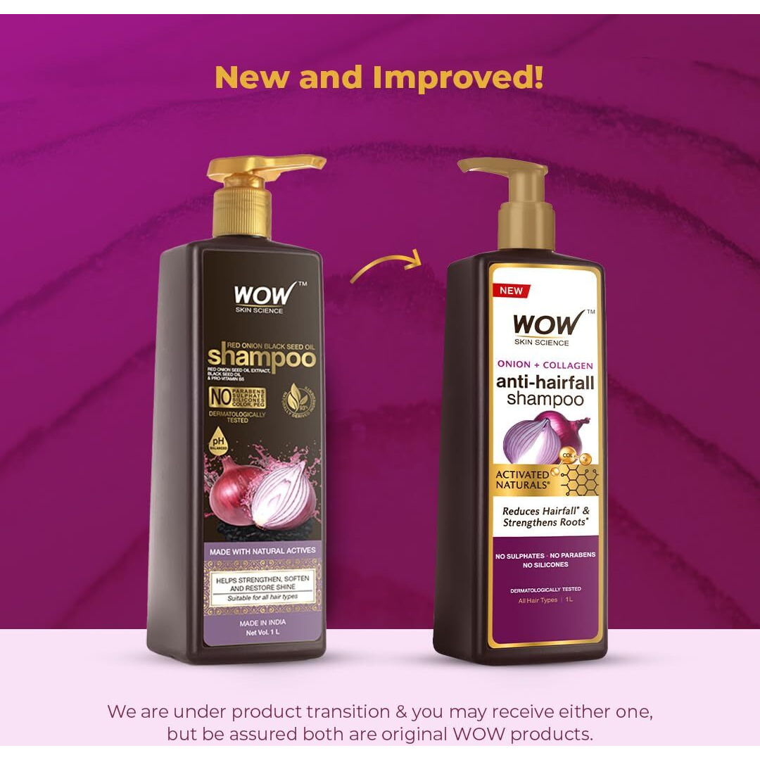 WOW Skin Science Onion Oil Shampoo with Red Onion Seed Oil Extract, Black Seed Oil & Pro-Vitamin B5 | Controls Hair fall | Helps Strengthen Hair | No Sulphate No Paraben | For Men & Women - 1ltr