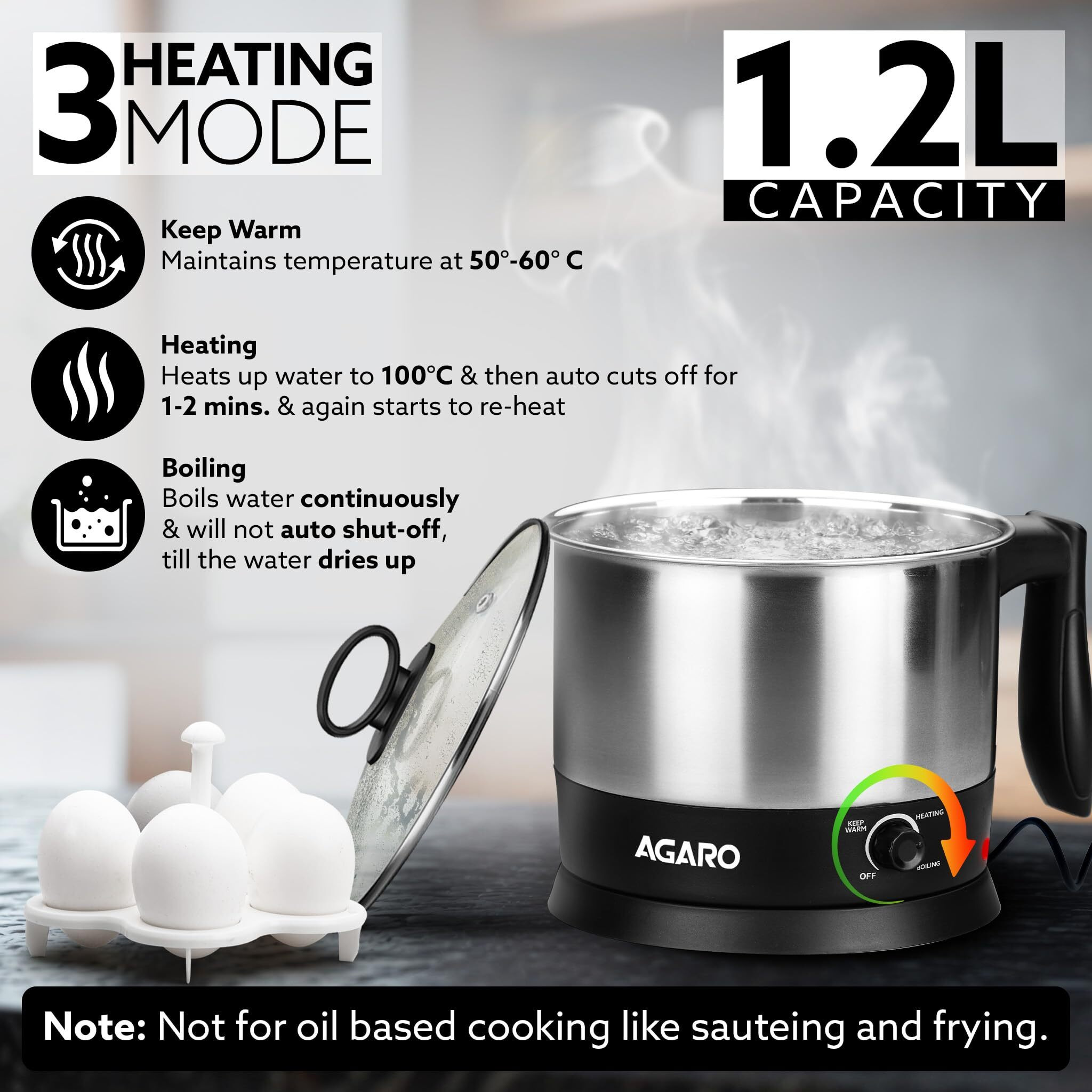 AGARO Esteem Electric Multi Kettle 1.2L, 600W, with Stainless Steel Body, Egg Rack, Grill Rack, 3 Heating Modes & Rapid Boil Technology, Boiling Water and milk, Tea, Coffee, Oats, Noodle, Soup