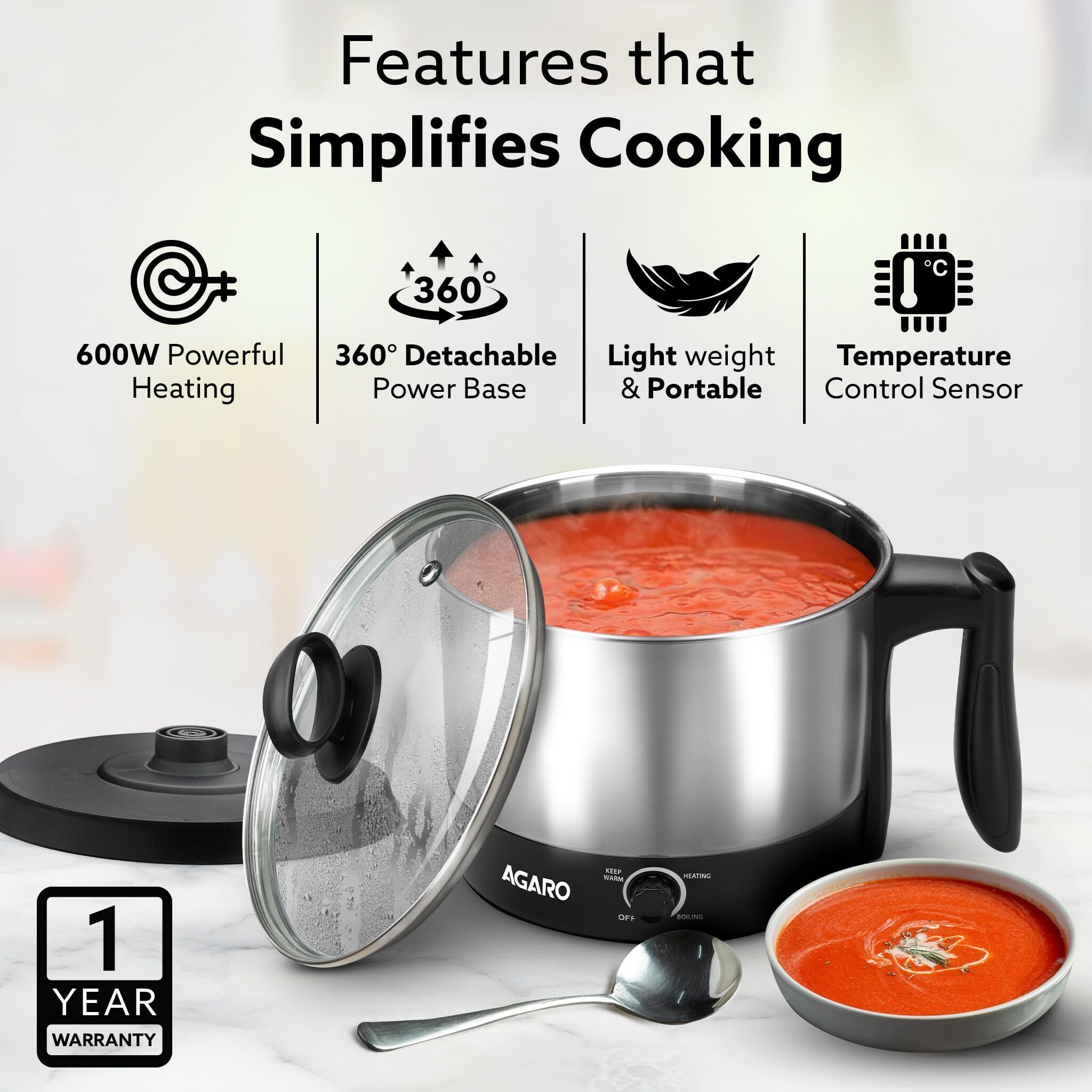 AGARO Esteem Electric Multi Kettle 1.2L, 600W, with Stainless Steel Body, Egg Rack, Grill Rack, 3 Heating Modes & Rapid Boil Technology, Boiling Water and milk, Tea, Coffee, Oats, Noodle, Soup