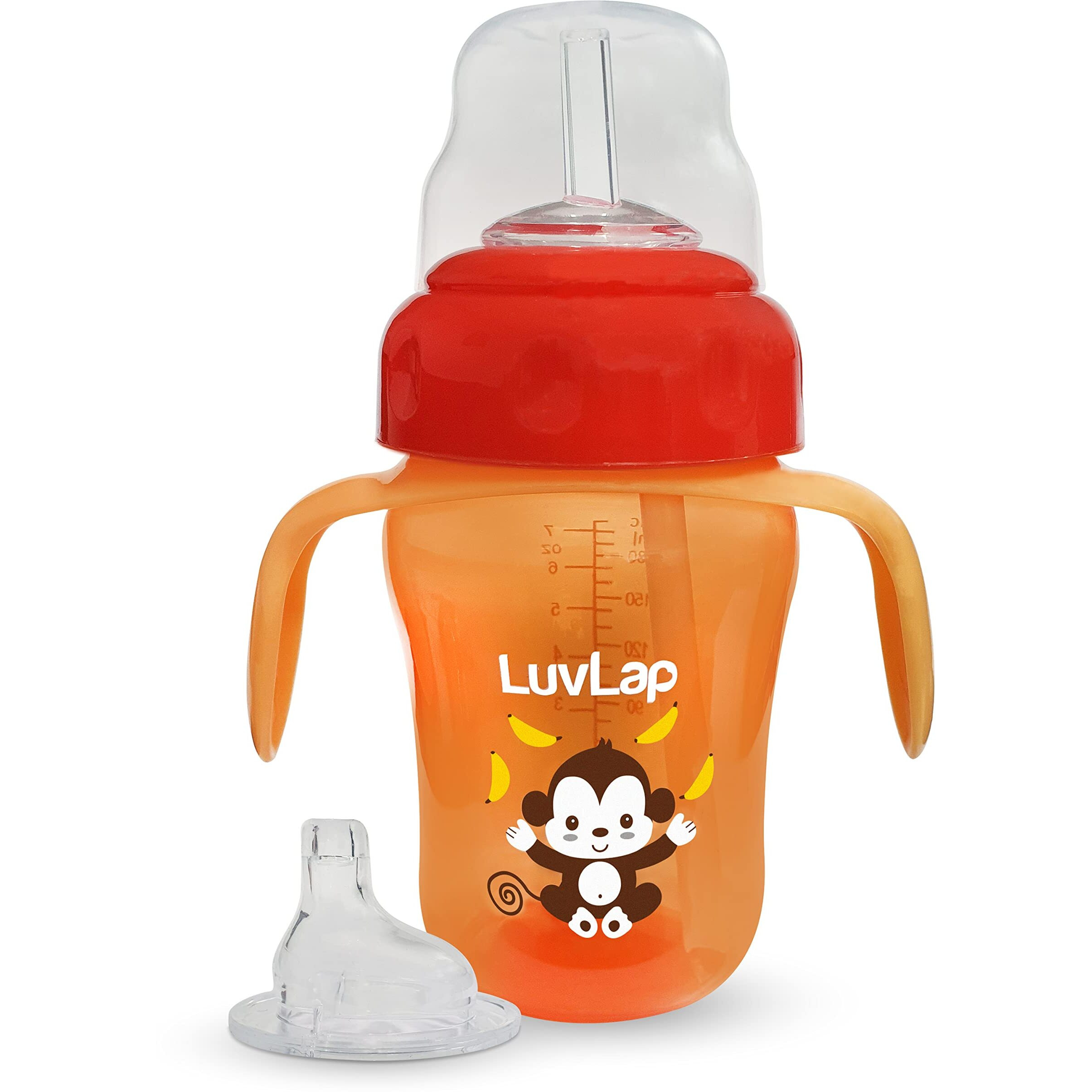 LuvLap Banana Time 210ml Anti Spill, Interchangeable Sipper / Sippy Cup with Soft Silicone Spout and Straw BPA Free, 6m+ (Orange)