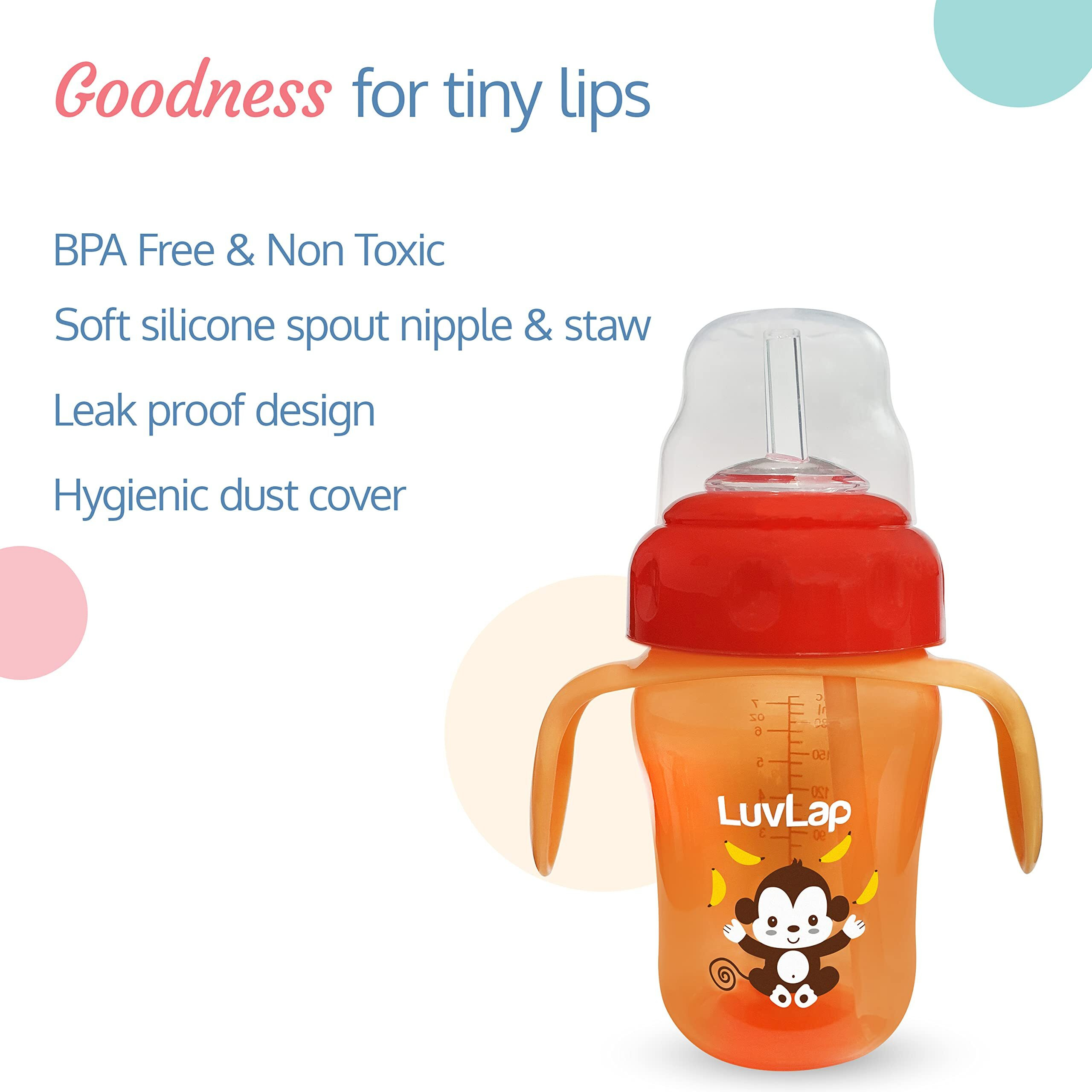 LuvLap Banana Time 210ml Anti Spill, Interchangeable Sipper / Sippy Cup with Soft Silicone Spout and Straw BPA Free, 6m+ (Orange)