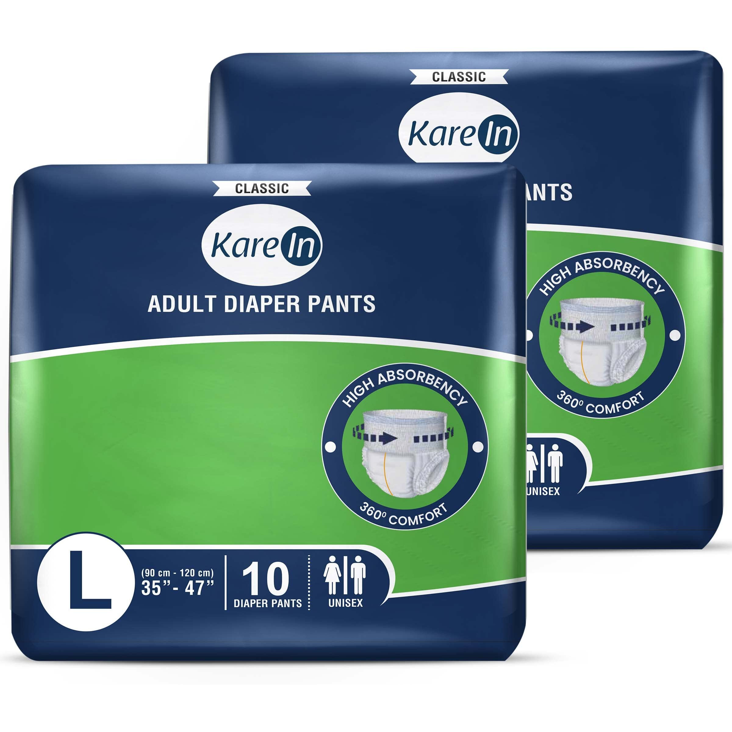 KareIn Classic Adult Diaper Pants, Large 90-120 Cm (35 - 47 ), 20 Count, Unisex, Leakproof, Elastic Waist, Wetness Indicator,Pack of 2