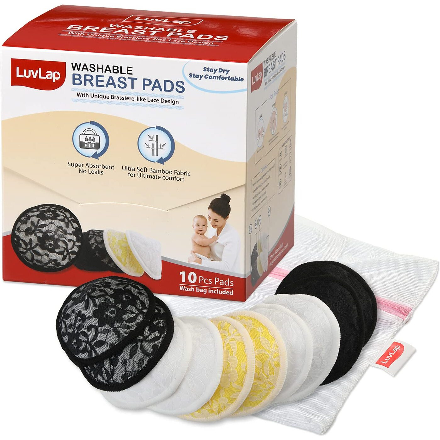 LuvLap Natural Bamboo Washable Nursing Breast Pads for Breast feeding mothers, Beautiful Lace Style, Contoured Shape for snug fit, Nipple Pad, Includes Laundry Bag, Super absorption, 10Pc
