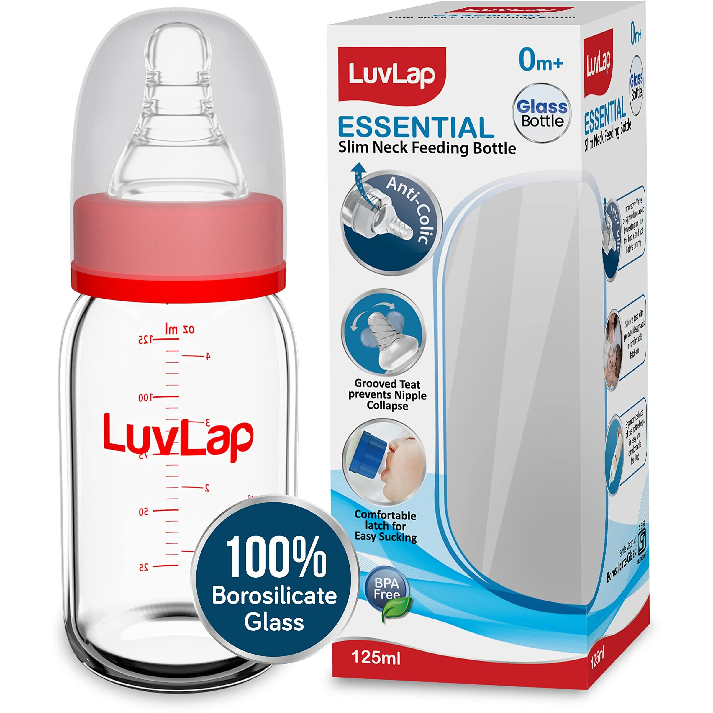 LuvLap Essential Slim Neck Glass Feeding Bottle, 125ml, 0m+/Babies Upto 3 Years, Made of Borosilicate Glass, BPA Free, Ergonomic Shape is Easy to Hold, with Anti Colic Nipple, White & Red, Pack of 1