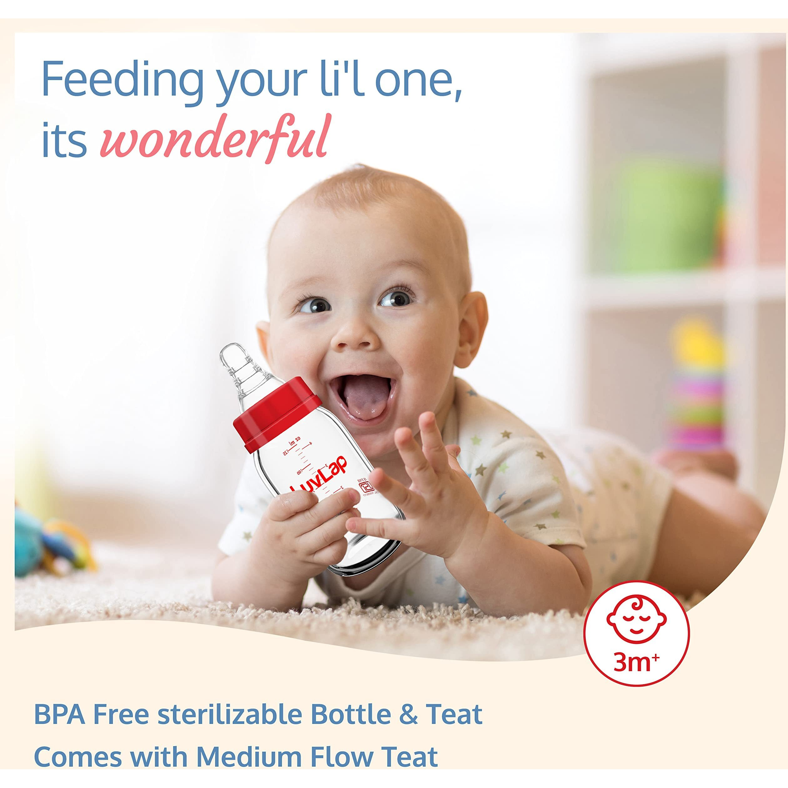 LuvLap Essential Slim Neck Glass Feeding Bottle, 125ml, 0m+/Babies Upto 3 Years, Made of Borosilicate Glass, BPA Free, Ergonomic Shape is Easy to Hold, with Anti Colic Nipple, White & Red, Pack of 1