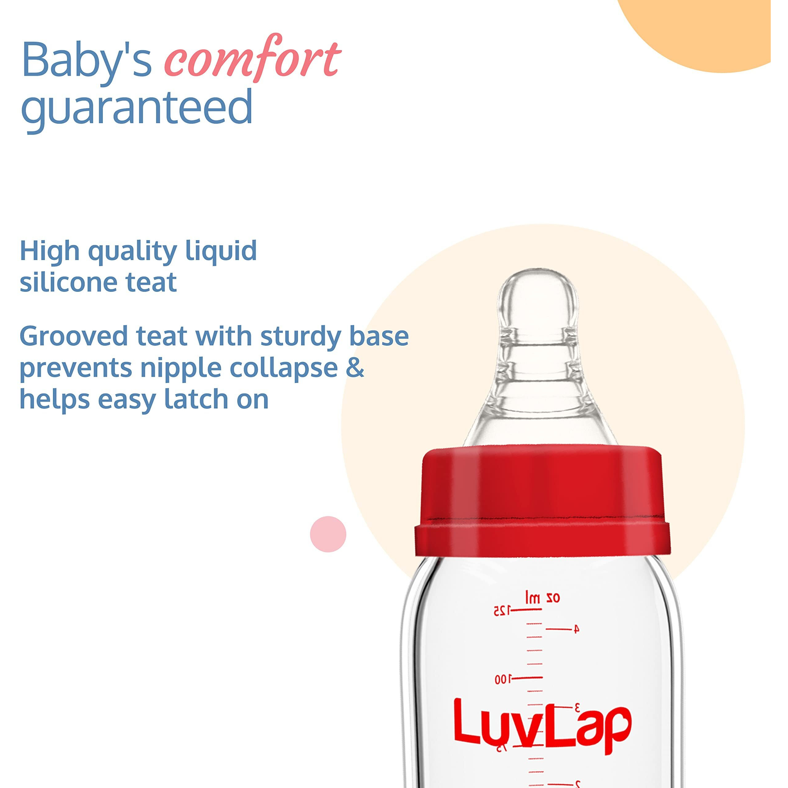 LuvLap Essential Slim Neck Glass Feeding Bottle, 125ml, 0m+/Babies Upto 3 Years, Made of Borosilicate Glass, BPA Free, Ergonomic Shape is Easy to Hold, with Anti Colic Nipple, White & Red, Pack of 1