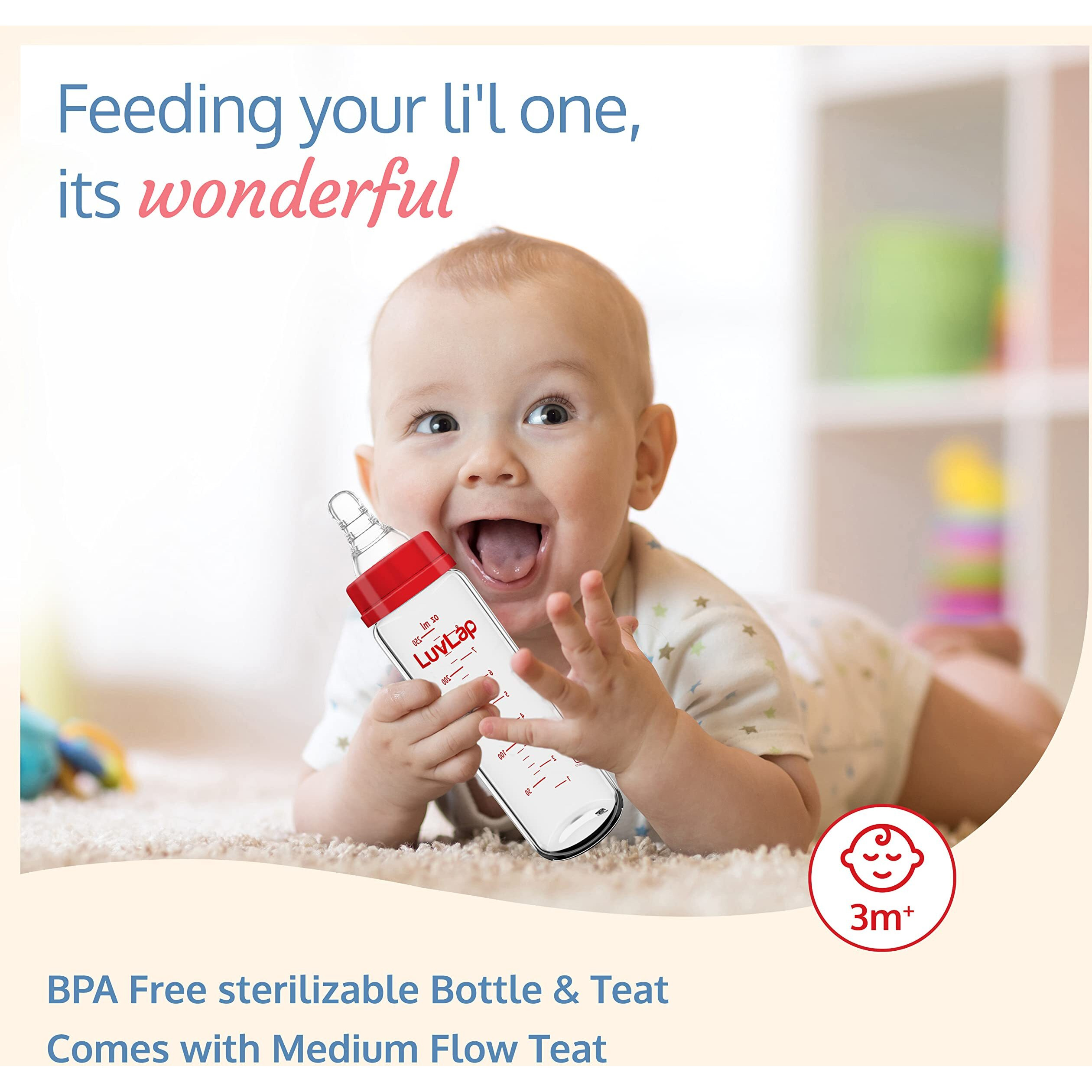 LuvLap Essential Slim Neck Glass Feeding Bottle, 250Ml, 3M+/Babies Upto 3 Years, Made of Borosilicate Glass, Bpa Free, Ergonomic Shape is with Anti Colic Nipple, Pack of 1, White & Red