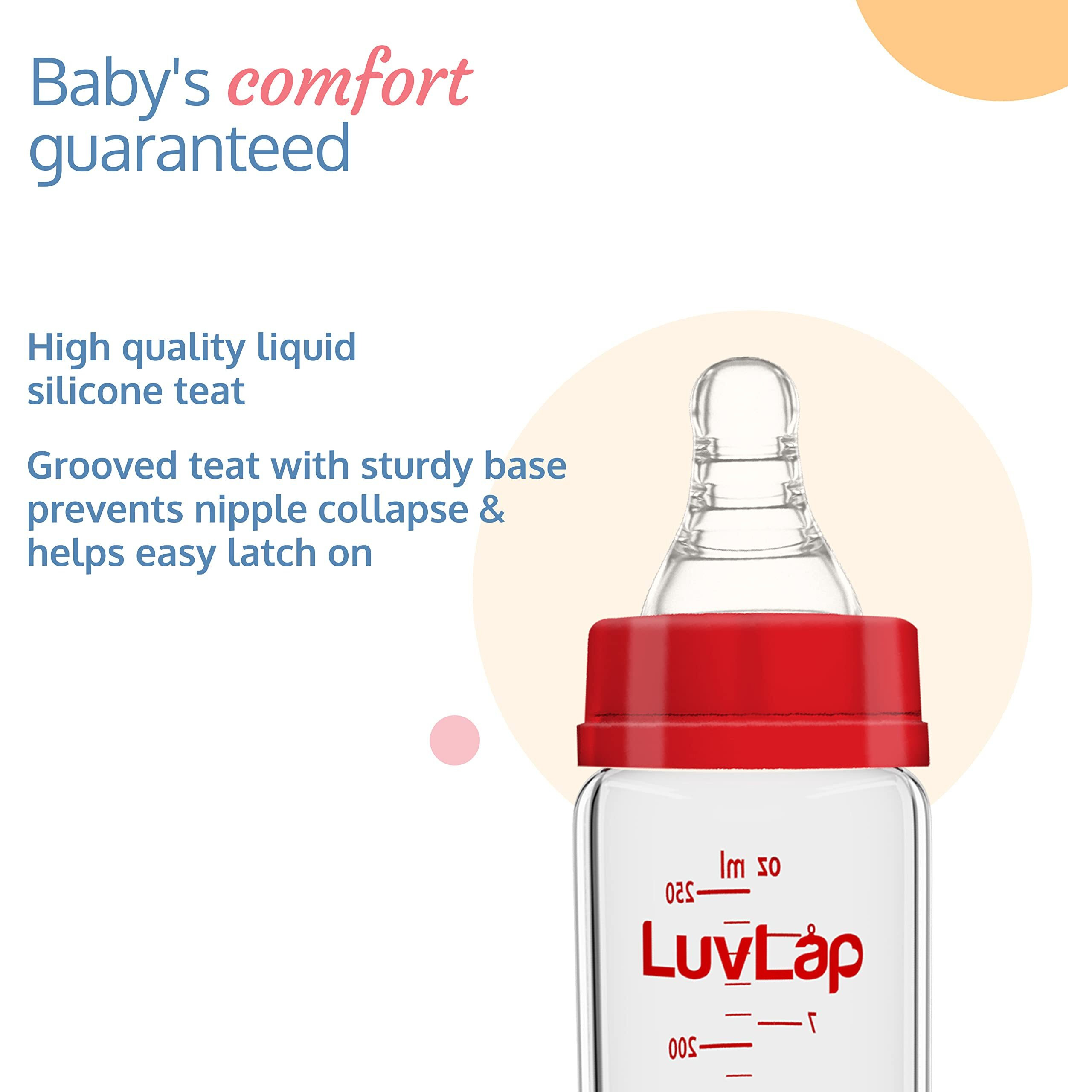 LuvLap Essential Slim Neck Glass Feeding Bottle, 250Ml, 3M+/Babies Upto 3 Years, Made of Borosilicate Glass, Bpa Free, Ergonomic Shape is with Anti Colic Nipple, Pack of 1, White & Red