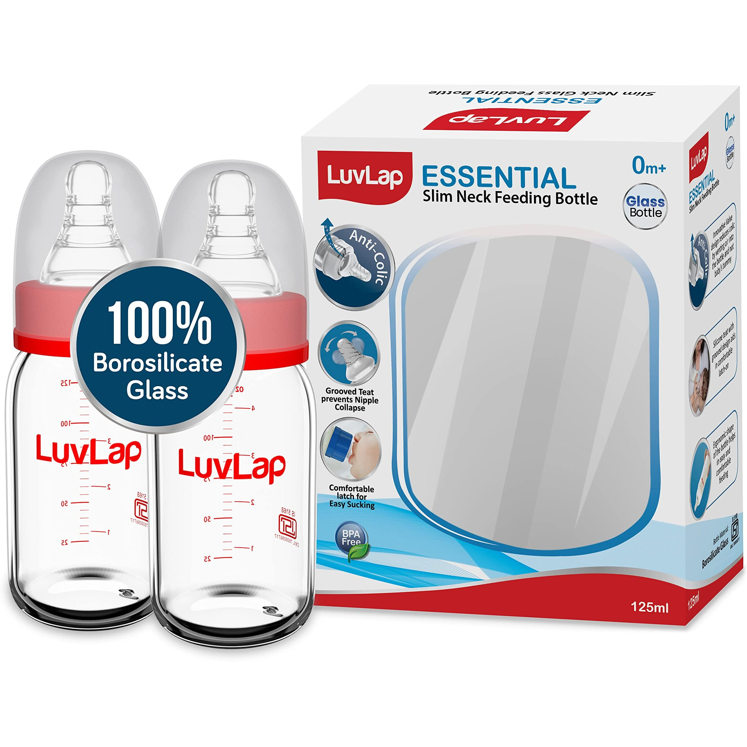 LuvLap Essential Slim Neck Glass Feeding Bottle, 125ml, 0m+/Babies Upto 3 Years, Made of Borosilicate Glass, BPA Free, Ergonomic Shape is Easy to Hold, with Anti Colic Nipple, Pack of 2, White & Red
