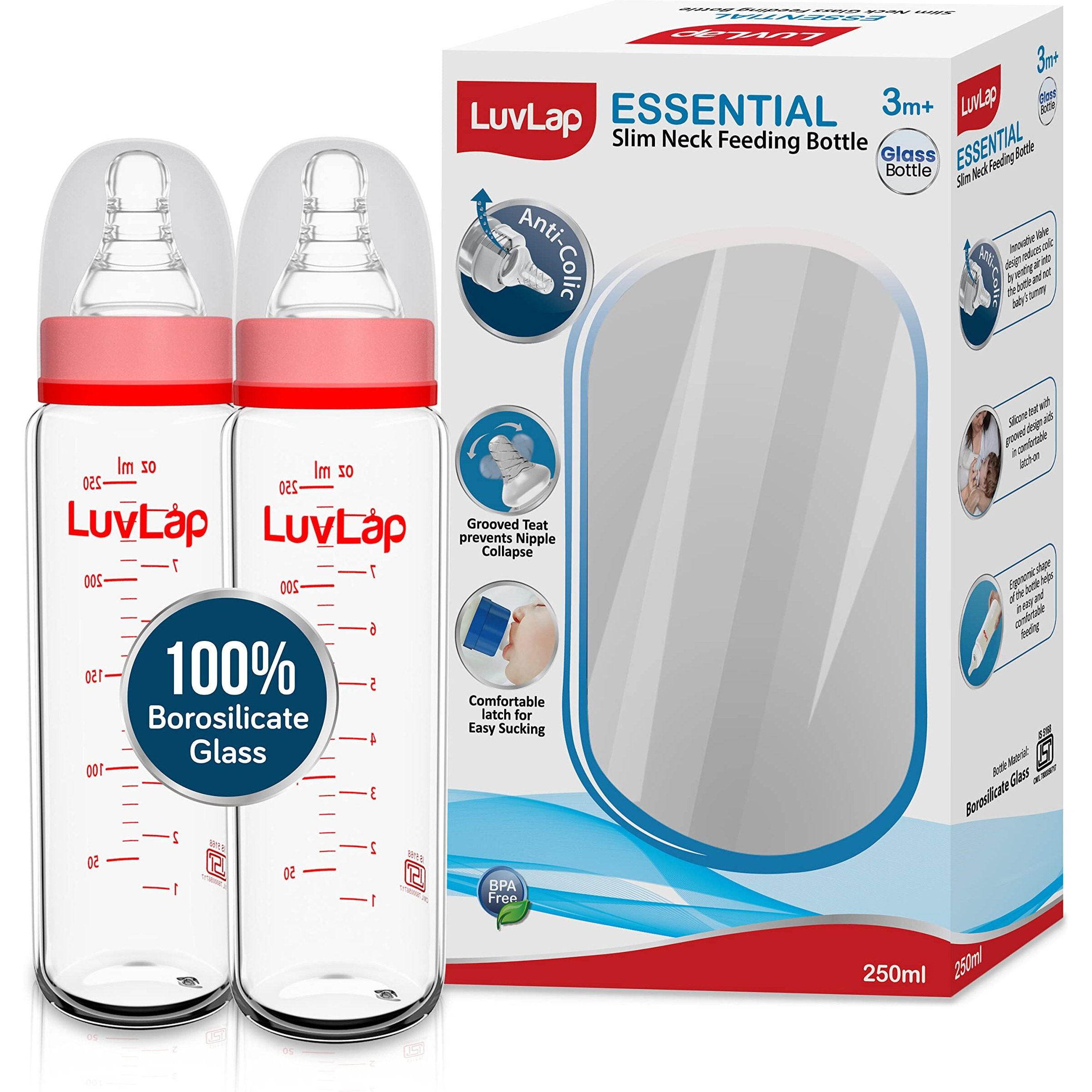 LuvLap Essential Slim Neck Glass Feeding Bottle, New Born/Infants/Toddler Upto 3 Years, Pack of 2, 250ml