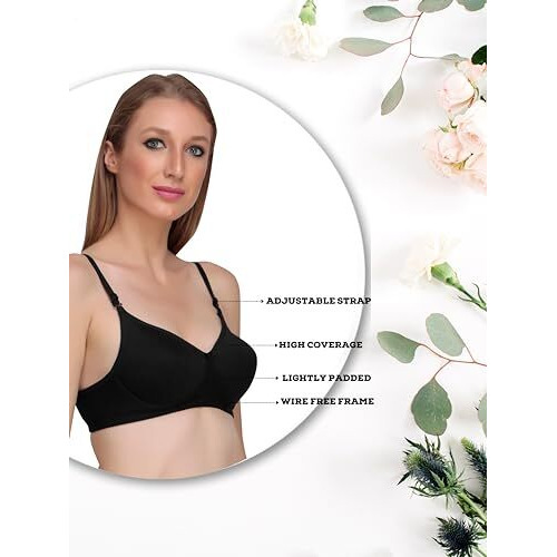 Liigne Women Padded Bra - Made of Pure Cotton Full Coverage Non Wired Soft Cup for T-Shirt Saree Dress Sports Garment for Daily Use Black