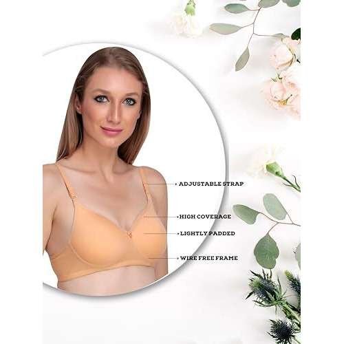 Liigne Women Padded Bra - Made of Pure Cotton Full Coverage Non Wired Soft Cup for T-Shirt Saree Dress Sports Garment for Daily Use Light Brown