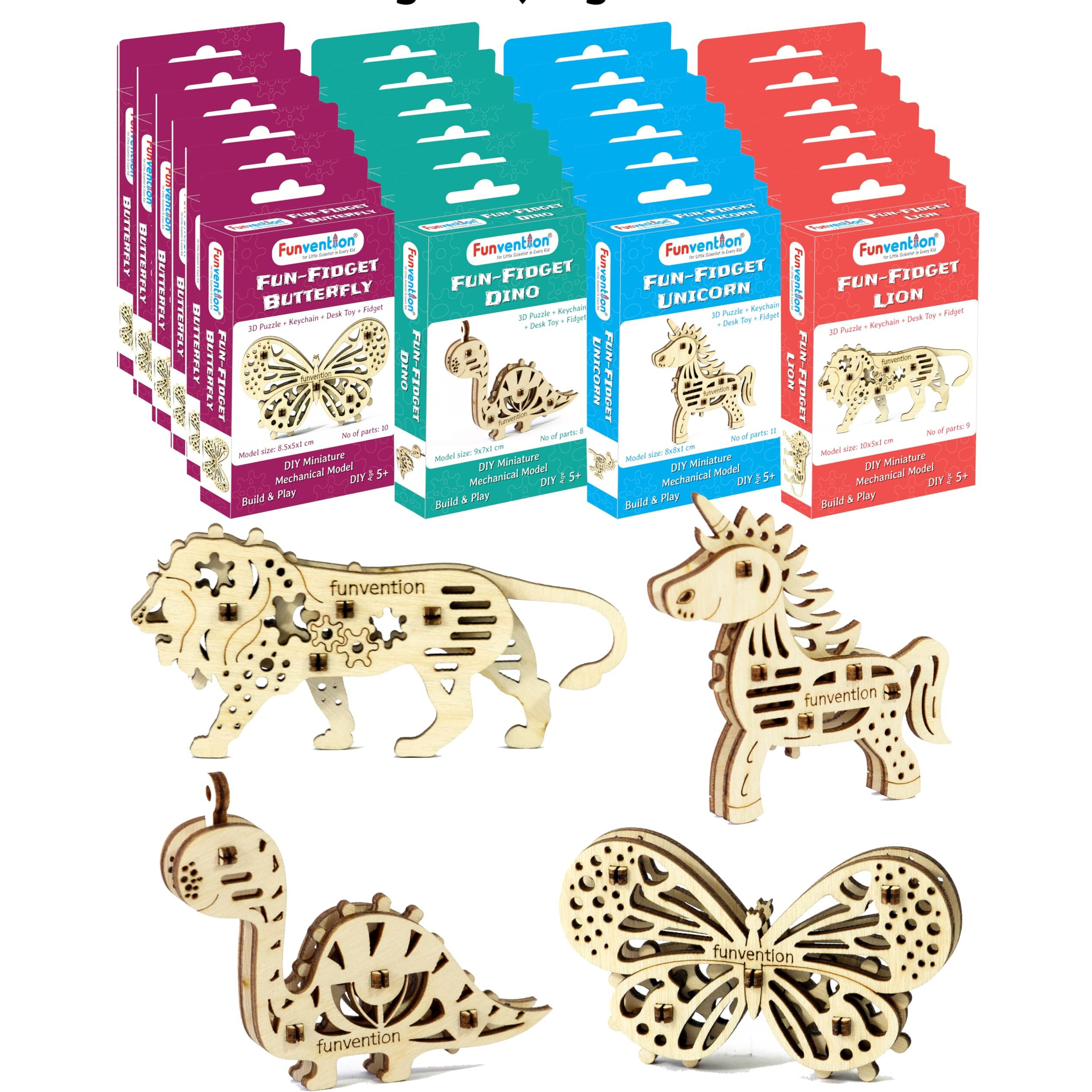 Funvention Birthday Return Gifts Pack of 24 Toys Fun Fidgets Jungle (3 x 4 DIY Miniature Mechanical Models Lion, Butterfly, Unicorn & Dino) Party Pack Return Favors for Kids Art & Craft STEM Learning