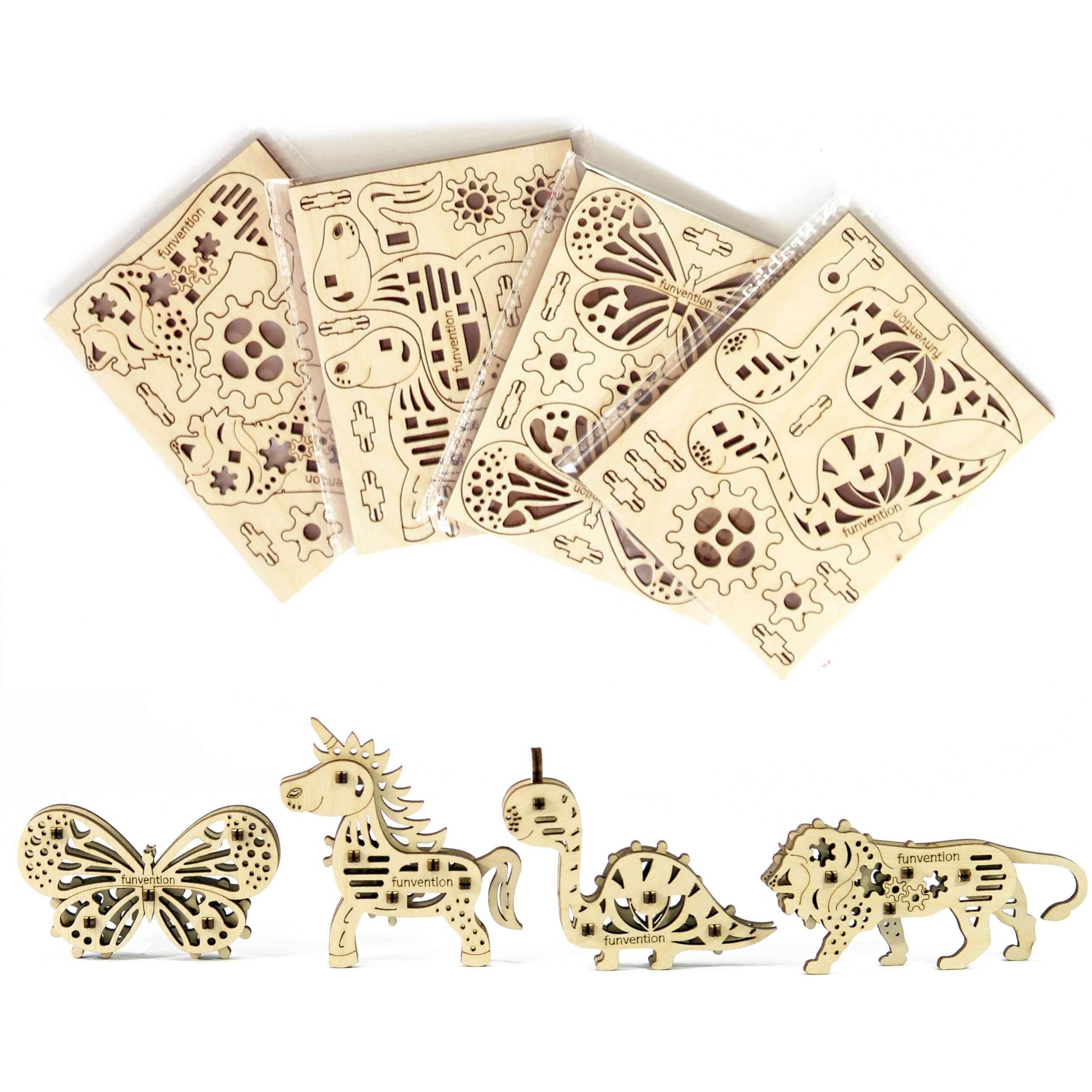 Funvention Birthday Return Gifts Pack of 24 Toys Fun Fidgets Jungle (3 x 4 DIY Miniature Mechanical Models Lion, Butterfly, Unicorn & Dino) Party Pack Return Favors for Kids Art & Craft STEM Learning