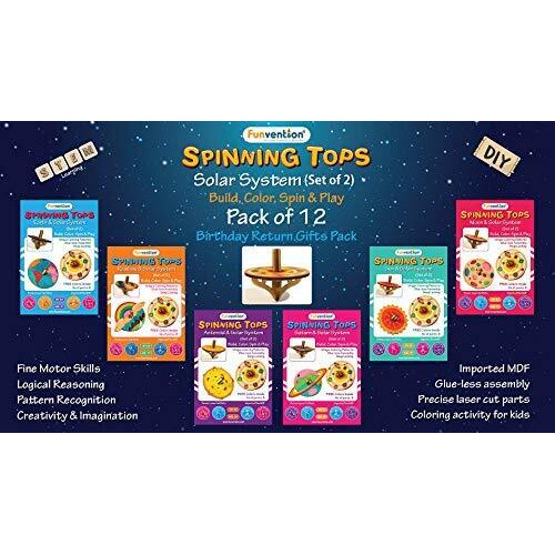 Funvention Birthday Return Gifts (Pack of 12) - DIY Spinning Top Kits (Solar System) Build, Color, Play, Art & Craft Coloring Activity Party Pack Return Favors for Kids (2 Tops & 8 Colors Per Pack)