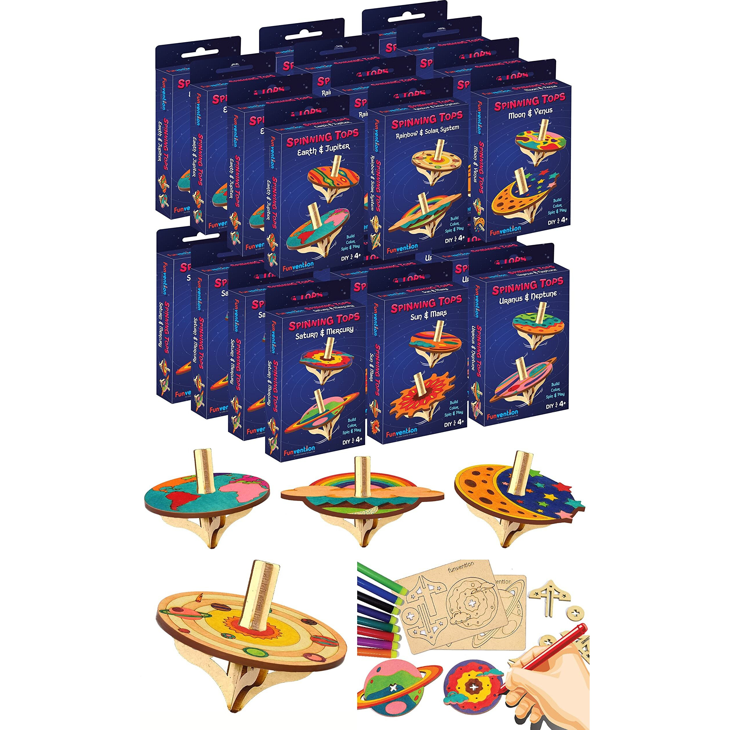 Funvention Birthday Return Gifts (Pack of 24) - DIY Spinning Top Kits (Solar System) Build, Color, Play, Art & Craft Coloring Activity Party Pack Return Favors for Kids (2 Tops & 8 Colors Per Pack)