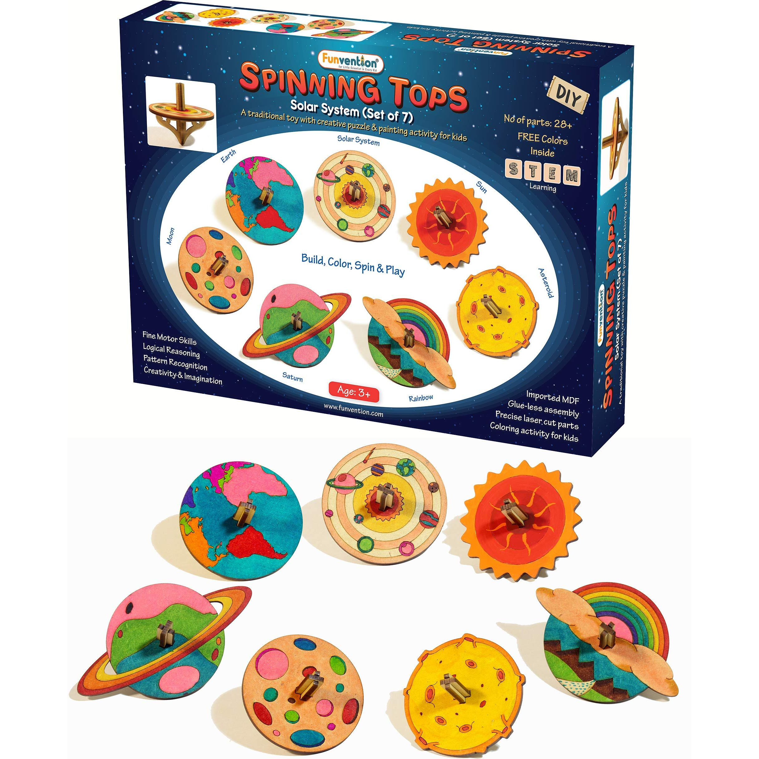Funvention DIY Spinning Top Kits (Solar System) - Set of 7 Unique DIY Spinning Tops + Free Colors - STEM Learning 3D Puzzle & Coloring Toy Kit