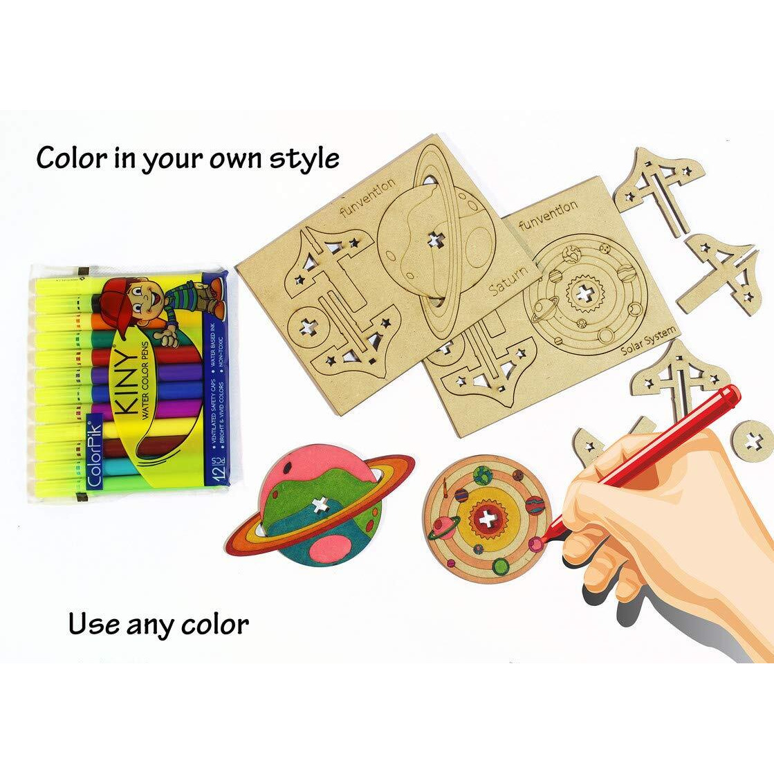 Funvention DIY Spinning Top Kits (Solar System) - Set of 7 Unique DIY Spinning Tops + Free Colors - STEM Learning 3D Puzzle & Coloring Toy Kit