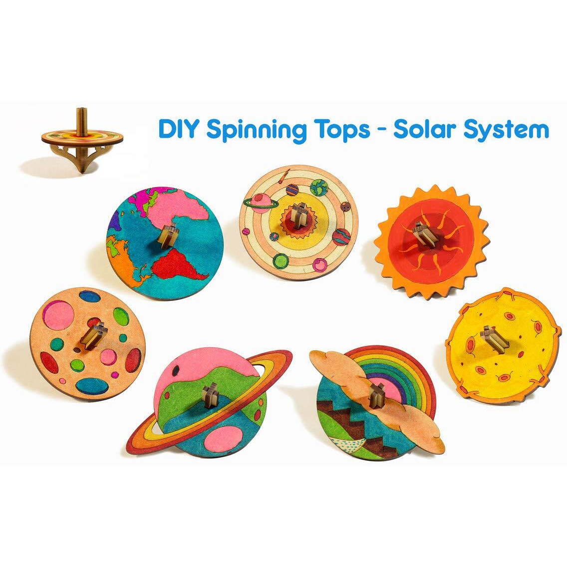 Funvention DIY Spinning Top Kits (Solar System) - Set of 7 Unique DIY Spinning Tops + Free Colors - STEM Learning 3D Puzzle & Coloring Toy Kit