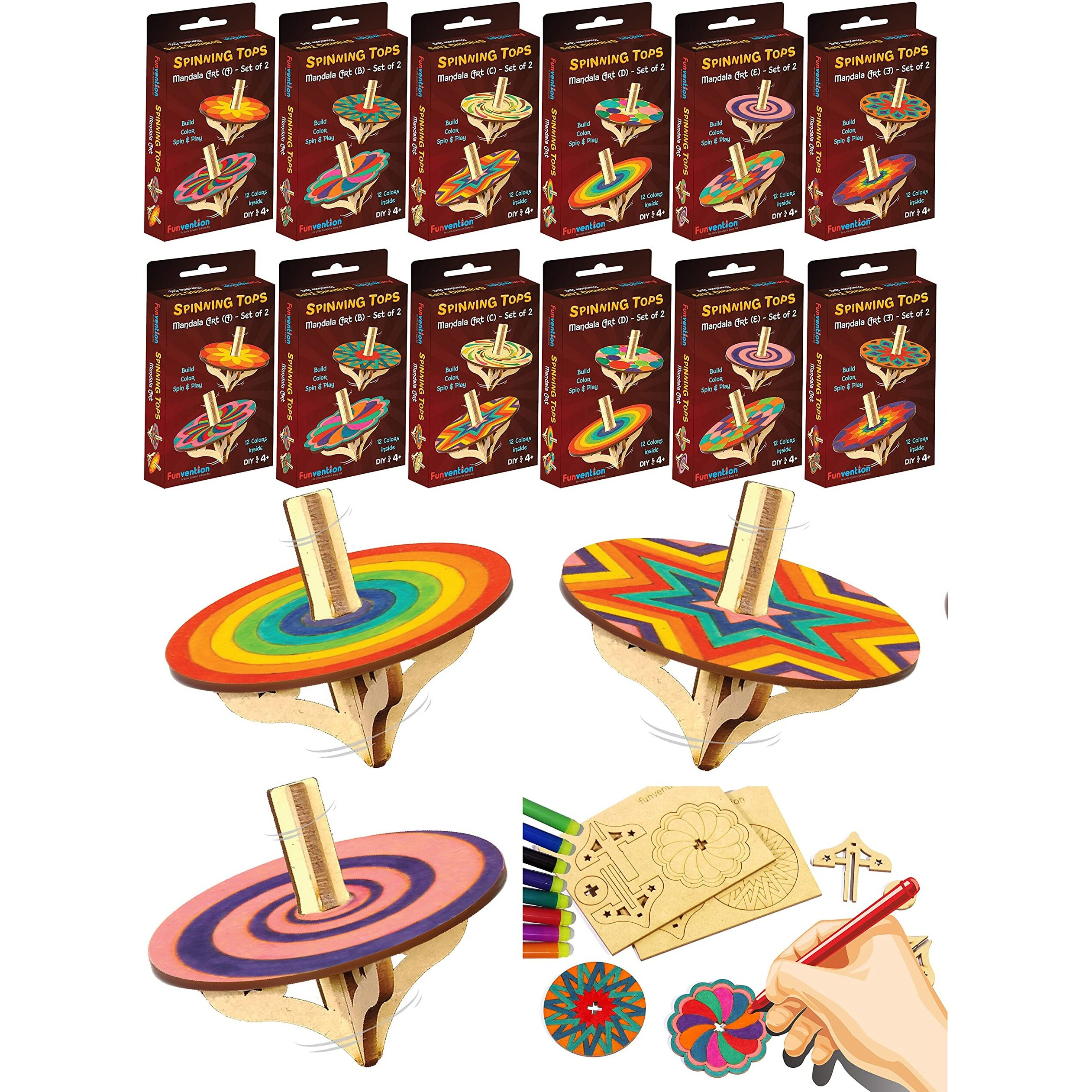 Funvention DIY Spinning Top Kits (Mandal Art) Pack of 12 - Build, Color, Play, Art & Craft Coloring Activity Birthday Return Gifts Party Pack Return Favors for Kids (2 Tops & 8 Colors Per Pack)