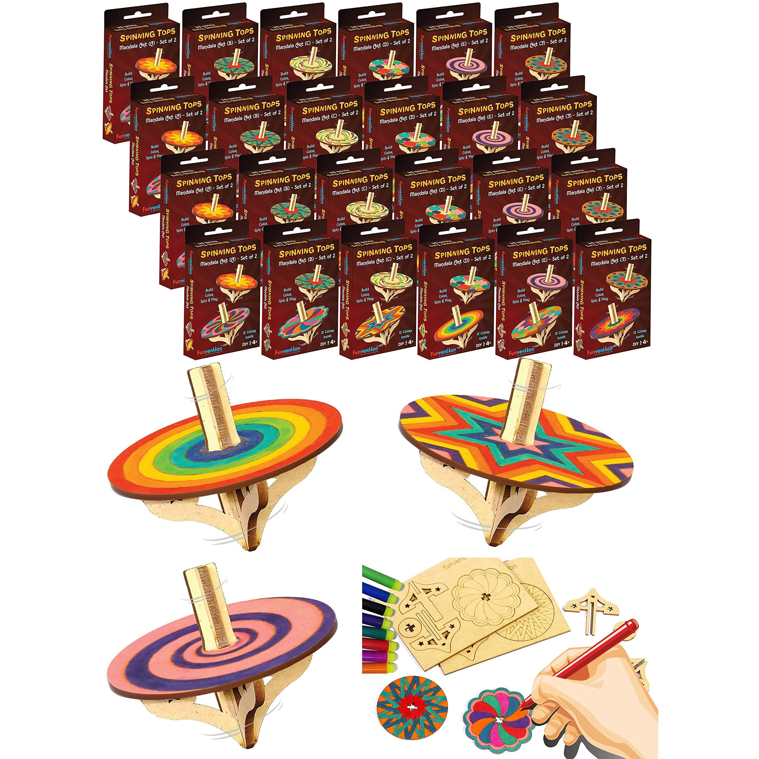 Funvention DIY Spinning Top Kits (Mandal Art) Pack of 24 - Build, Color, Play, Art & Craft Coloring Activity Birthday Return Gifts Party Pack Return Favors for Kids (2 Tops & 8 Colors Per Pack)