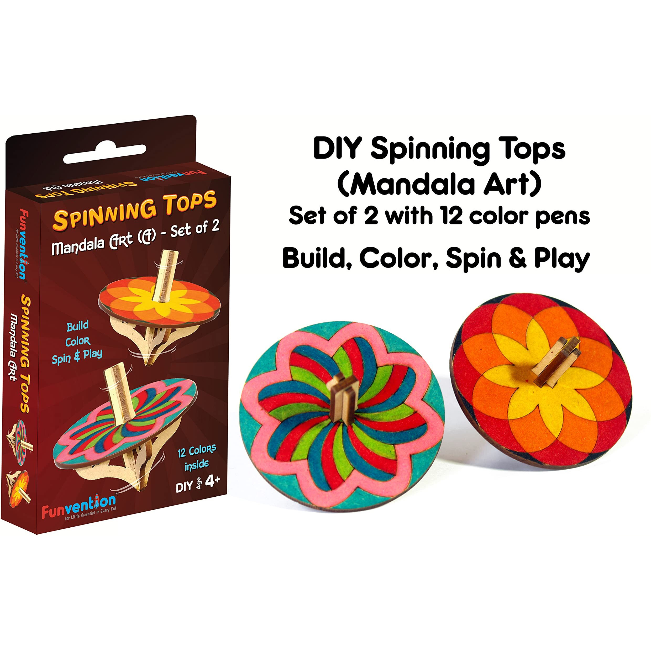 Funvention DIY Spinning Top Kits (Mandal Art) Pack of 24 - Build, Color, Play, Art & Craft Coloring Activity Birthday Return Gifts Party Pack Return Favors for Kids (2 Tops & 8 Colors Per Pack)