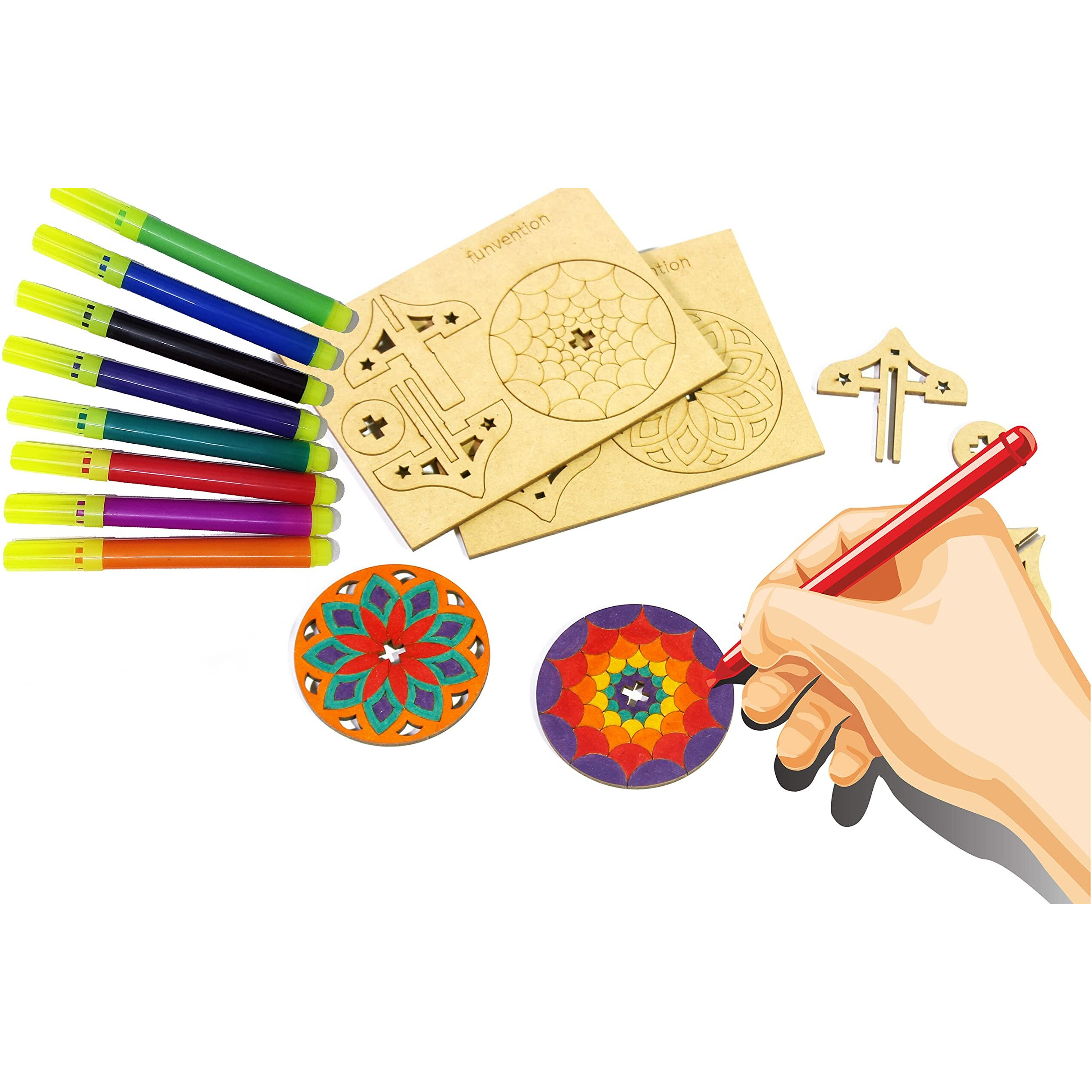 Funvention DIY Spinning Top Kits (Mandal Art) Pack of 24 - Build, Color, Play, Art & Craft Coloring Activity Birthday Return Gifts Party Pack Return Favors for Kids (2 Tops & 8 Colors Per Pack)
